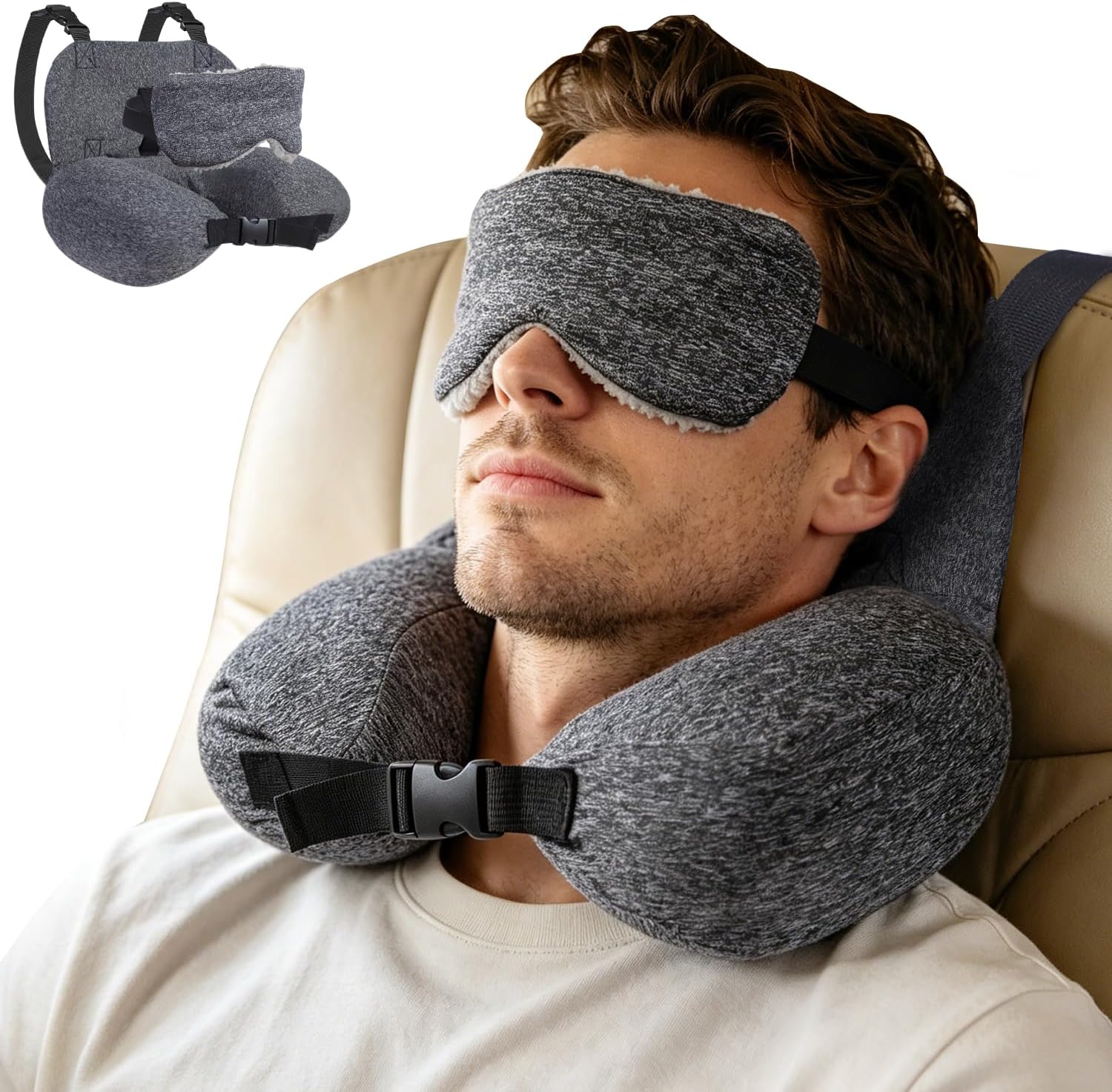 Travel Neck Pillow for Airplanes with Eye Mask,Inflatable U-Shaped Airplane Pillow Head Support for Sleeping,Adjustable Ergonomic Neck Support for Flights,Trains,Cars,Travel Essentials