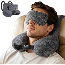 Travel Neck Pillow for Airplanes,Inflatable U-Shaped Airplane Pillow | Ergonomic Design with Eye Mask,Adjustable Neck Support for Office,Flights,Trains,Cars,Travel Essentials