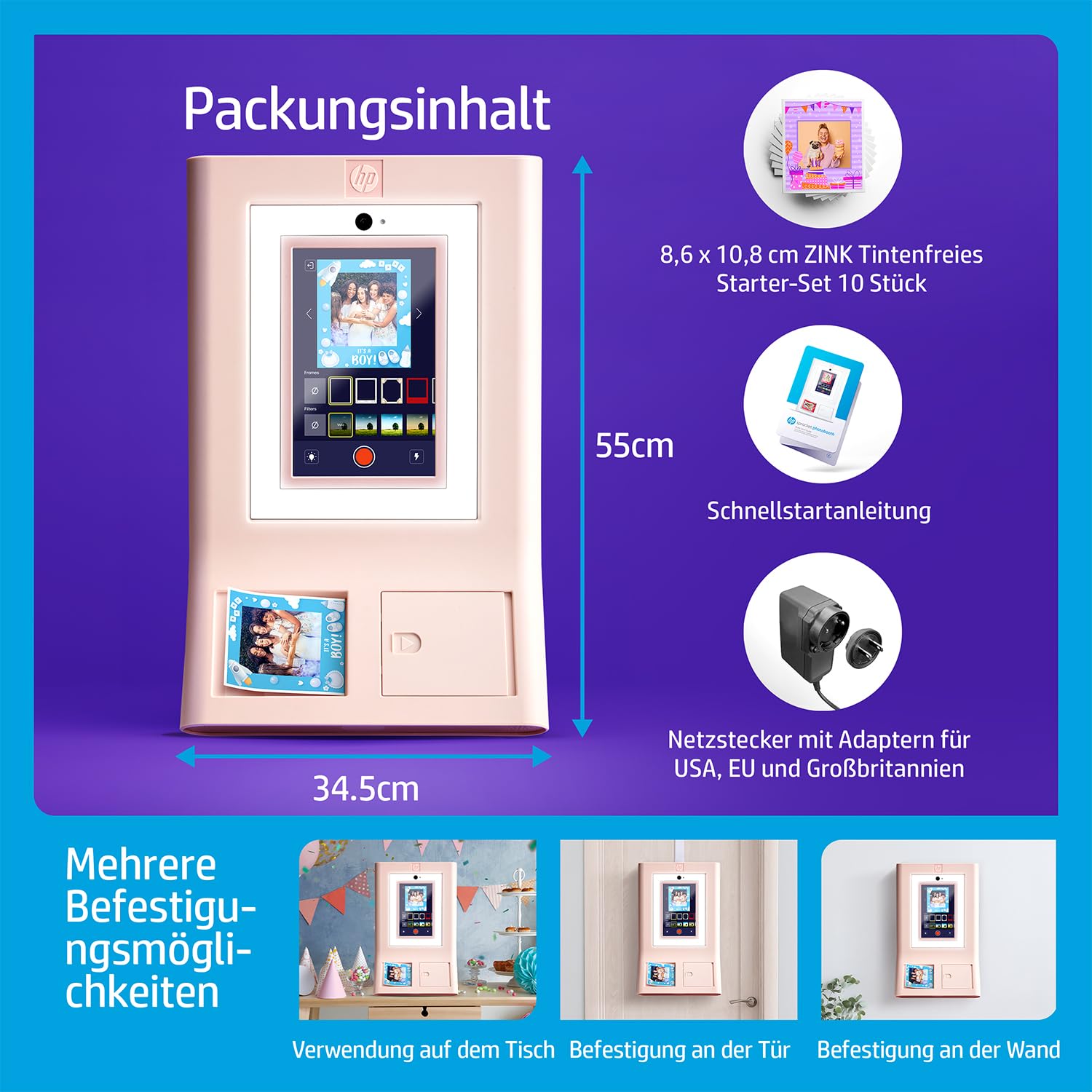 HP Sprocket Photo Booth Sofortbild-Farbfotodrucker, 10,1" (25,6 cm) Touchscreen, Ringlicht, individuelle Rahmen, 3 x 4 (7,6 x 10,1 cm) Zink-Fotopapier, Rosa.