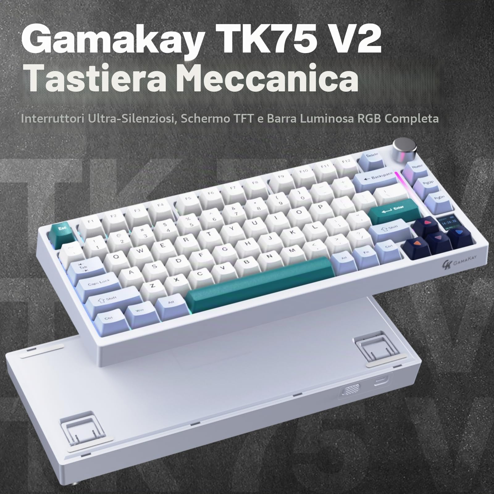 GK GAMAKAY TK75 V2 - Tastiera da gioco meccanica silenziosa al 75% con schermo TFT, Hot Swap RGB Bluetooth 5.0/2.4GHz Wireless/USB-C Wired PBT, tasti con profilo Cherry, (GamaKay Phoenix Switch)