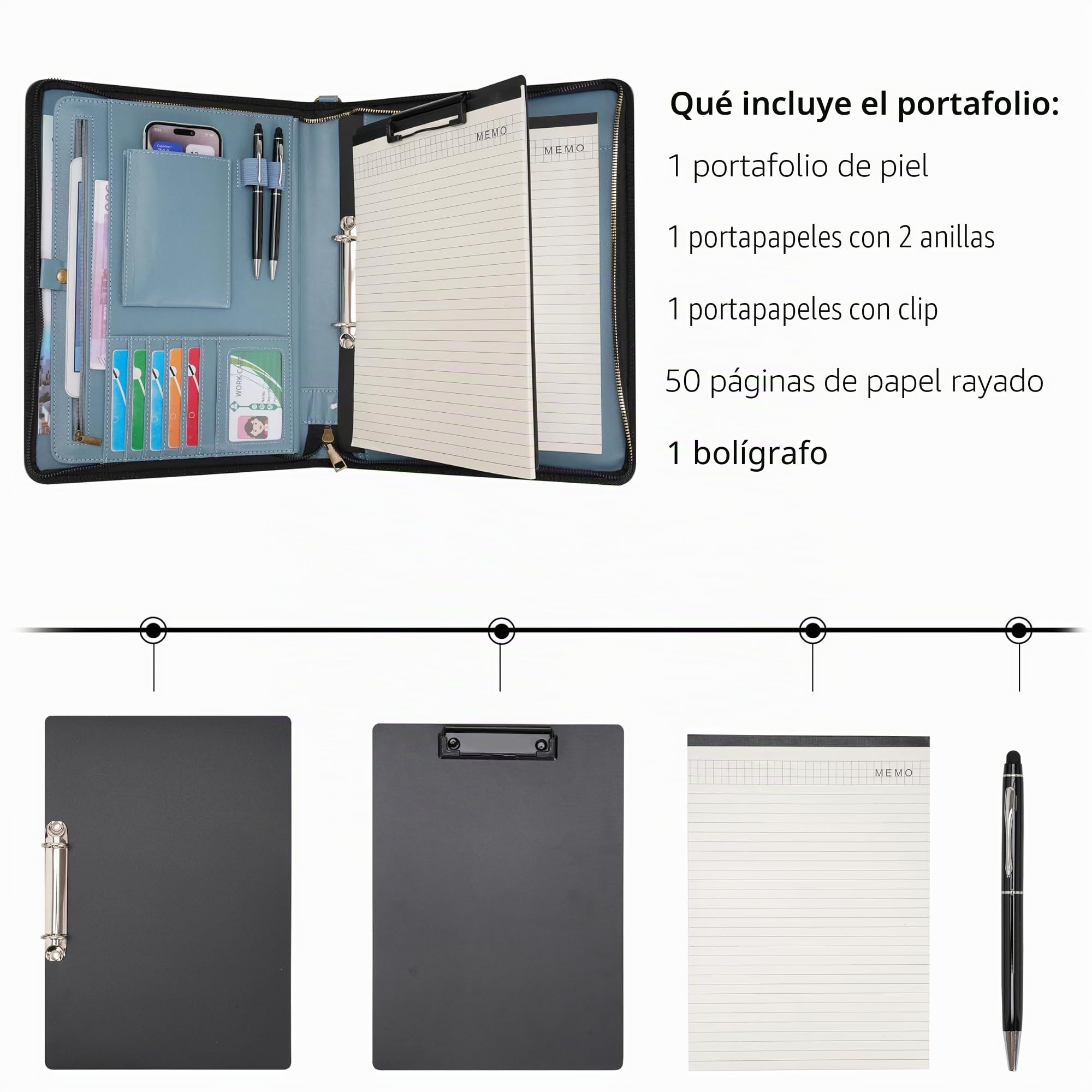 Wason Portfolio A4 Cremallera, Carteras de viaje Cuero PU con Carpeta de Anillas Desmontable y Soporte Bloc de Notas, Organizador Multibolsillos para Conferencias Oficina Viajes Escuela