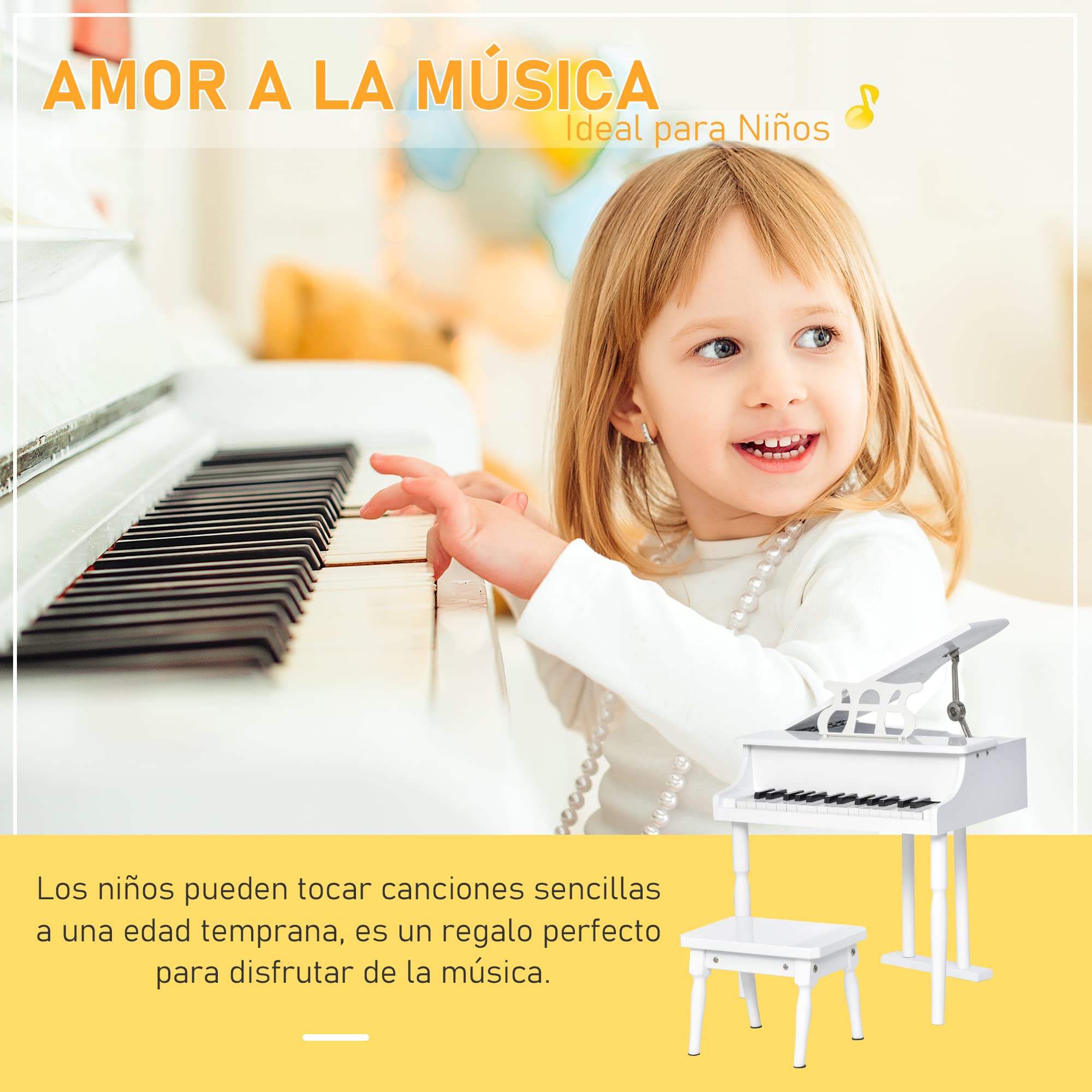 HOMCOM Piano de Cola Infantil con 30 Teclas para Niños 52x50x49 cm Blanco | de MDF, Taburete, Atril de Partituras, Instrumento Musical Didáctico