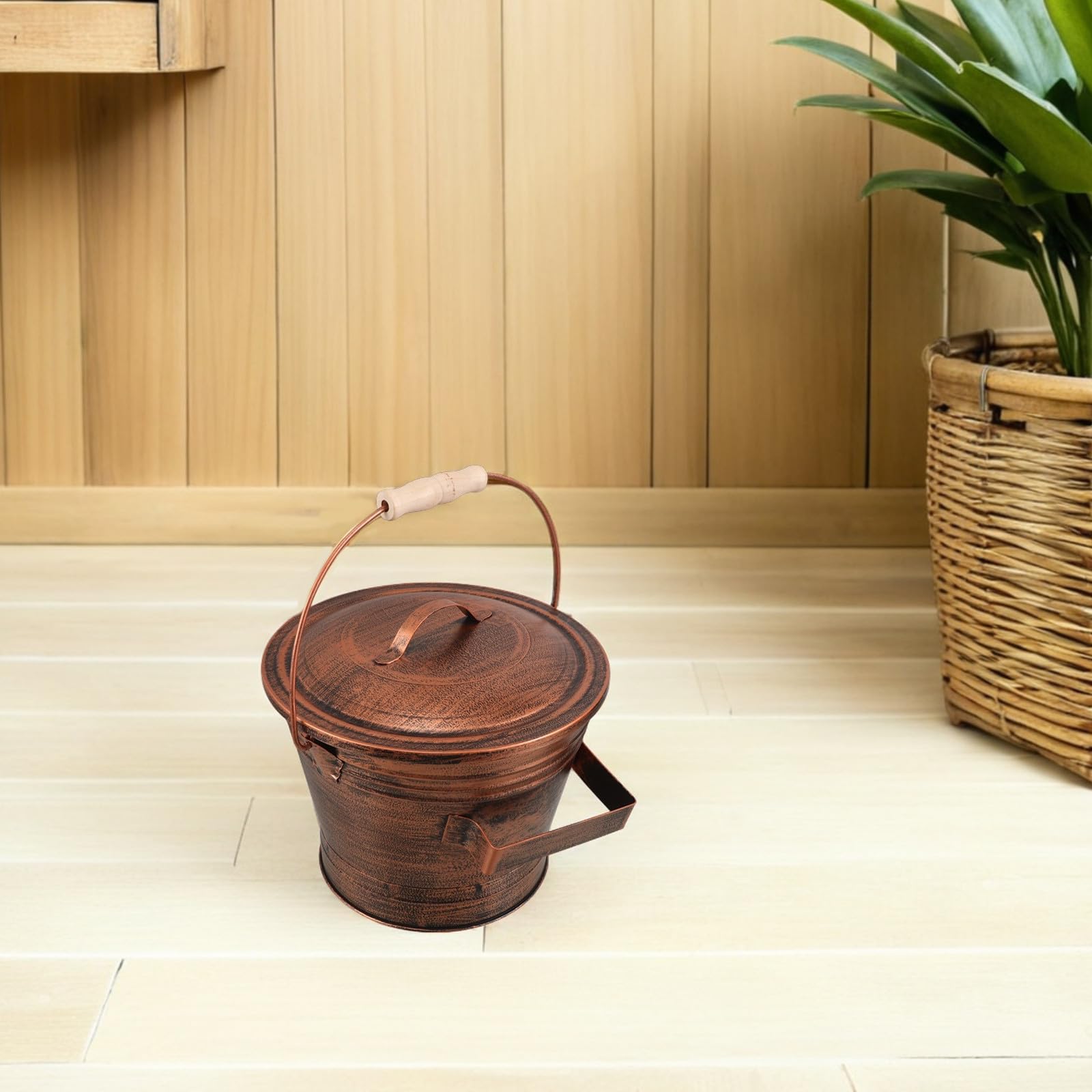 minkissy Secchio da con in Legno a Cenere per Manico Coperchio in Ferro Resistente Facile Trasportare per Stufa a Legna per Uso Interno e Esterno