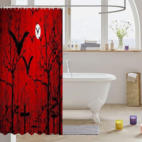 Miniatura 3 de Accesorios impermeables para baño de Halloween con 12 ganchos para adolescentes, murciélagos voladores de bosque, cortinas de ducha de tela para