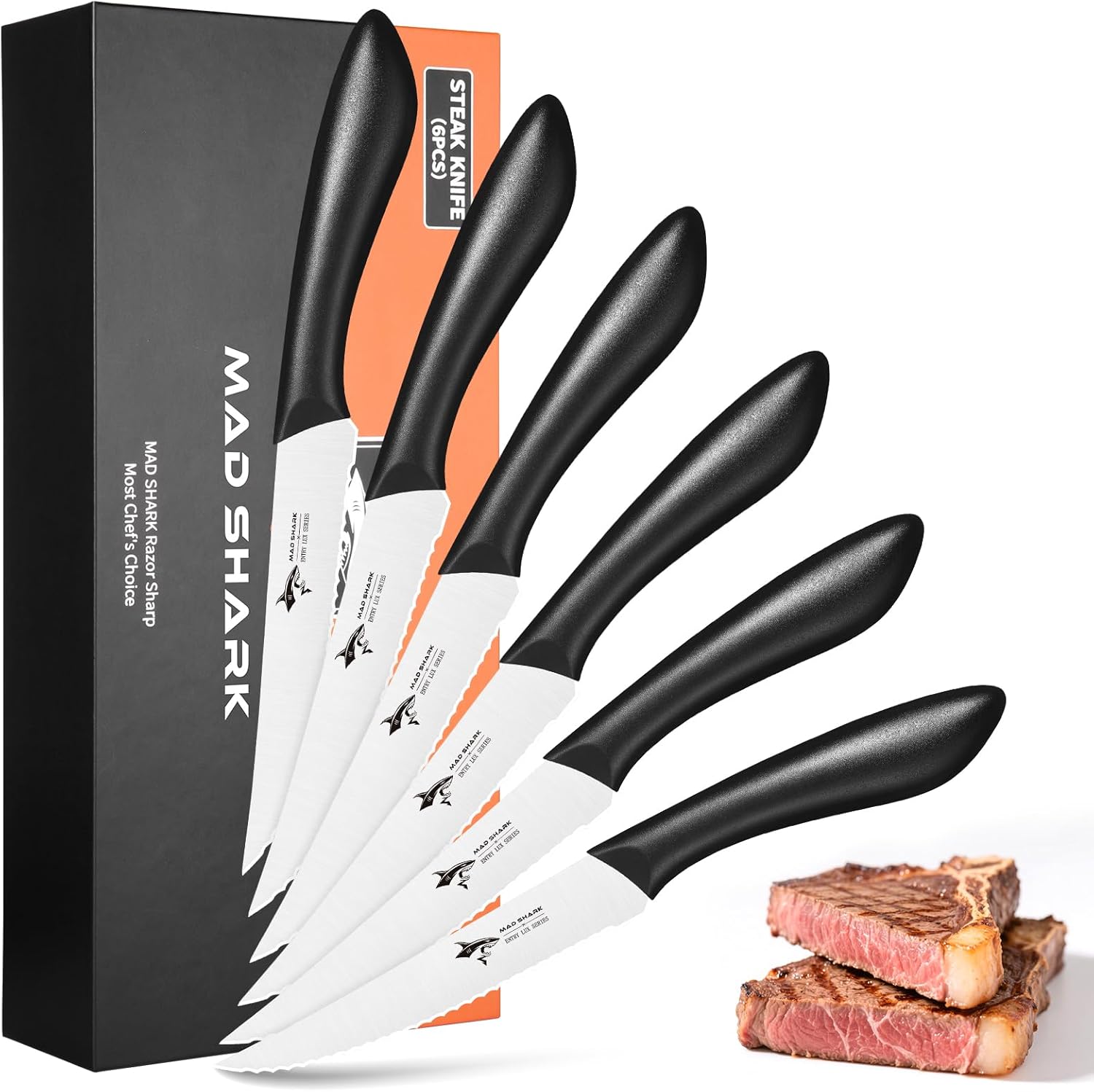 MAD SHARK Steak Knife Set of 6, 4.72 inch Serrated Knives Dishwasher Safe,German High Carbon Steel Steak Knife Set with Gift Box,Elegant Black