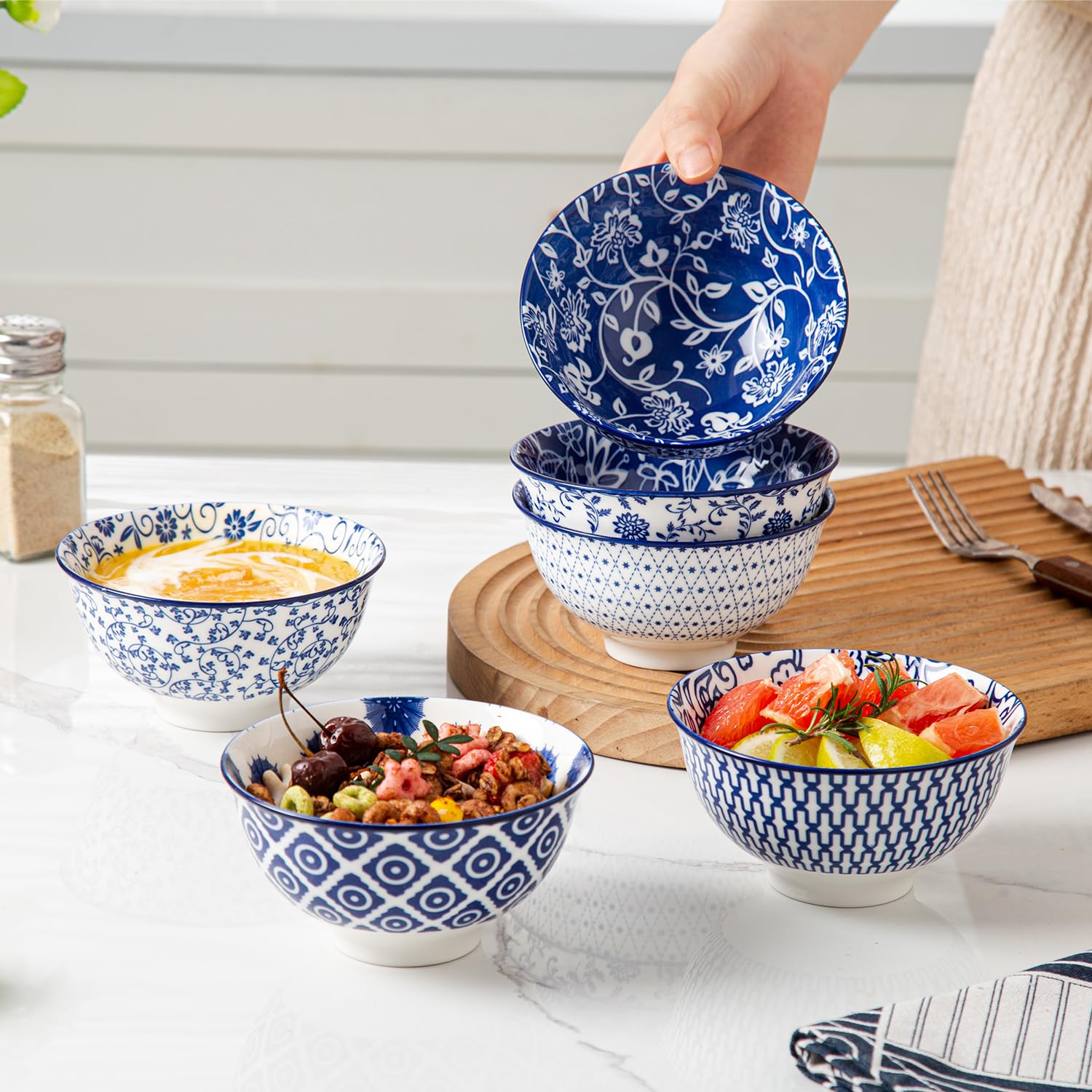 Juego de cuencos de cerámica para postre, cuencos pequeños de cereales de 350 ml, cuenco de helado de 4.75 pulgadas para frutas, aperitivos, salsa de inmersión, Azul vintage