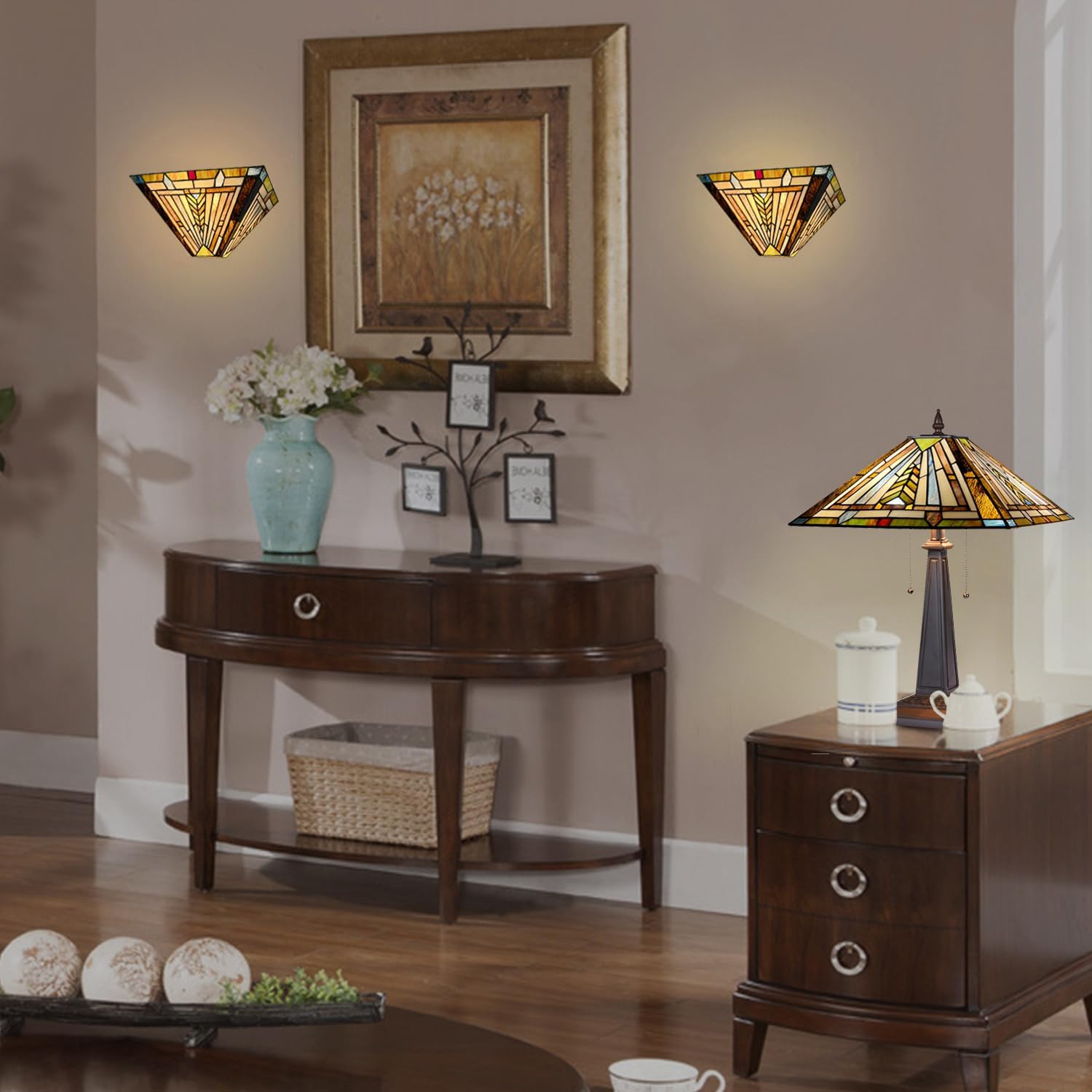 Tiffany Table Lamp 16" Wide Handmade Stained Glass Lamp Shade 2 Light Mission Style Vintage Table Lamp for Living Room Bedroom