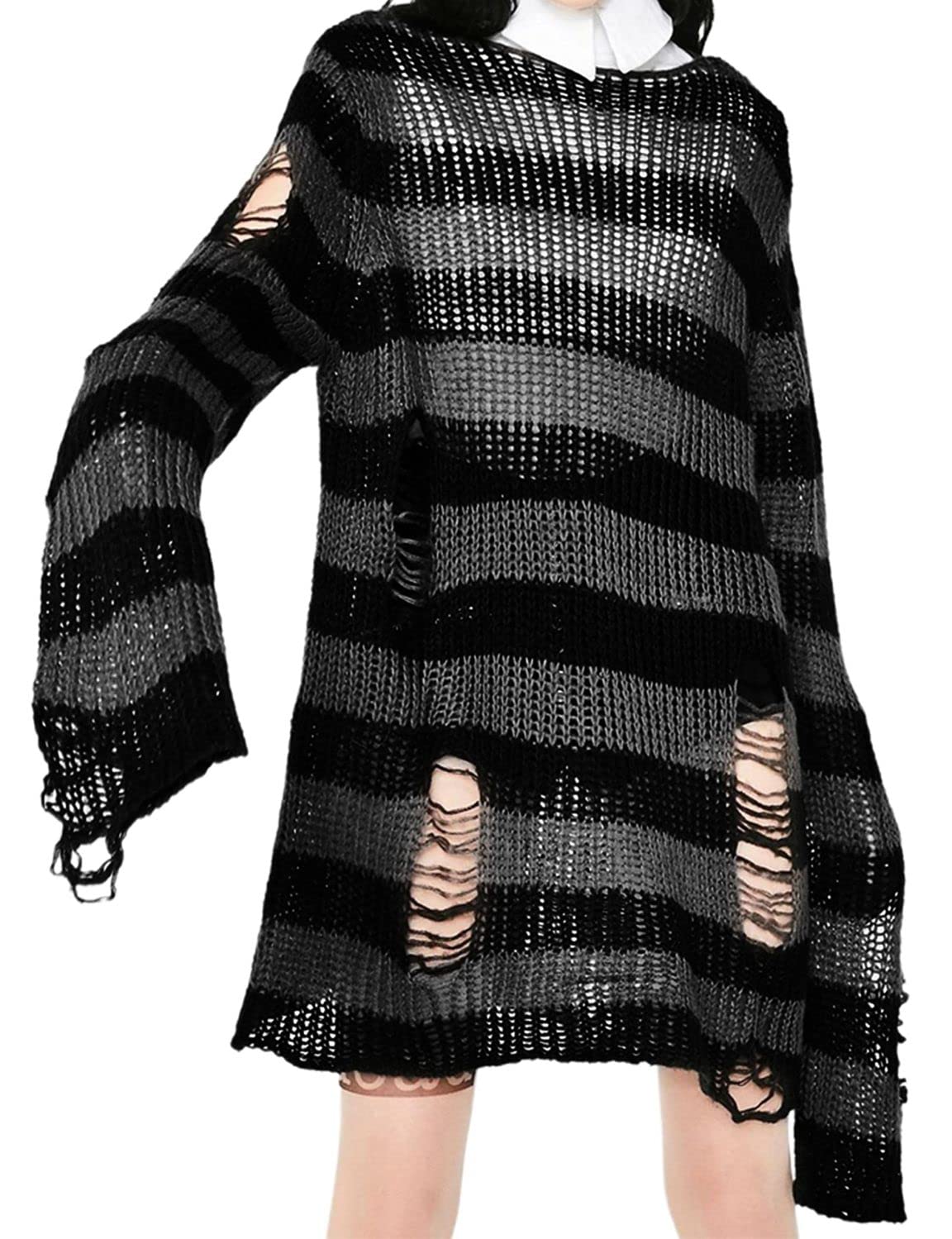 Vinsekep Women's See Through Hole Ripped Striped Long Knit Pullover Dress Sweaters Shirt: One Size Black&grey
