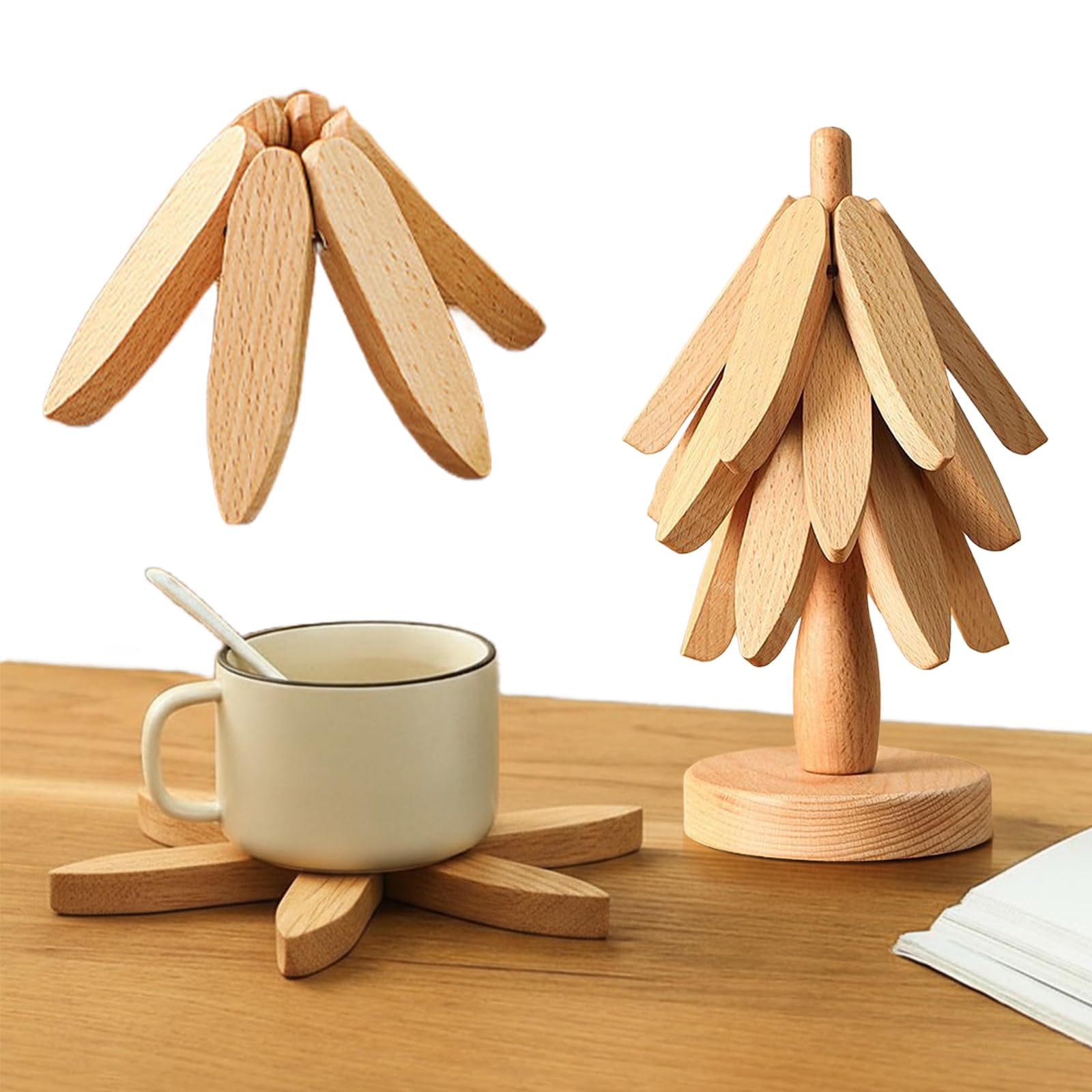 Speproeco 3 Trivets - Wood Color Wooden Tree Trivet Set, Tree Shape Trivets For Hot Dishes, Wood Coasters For Christmas Kitchen Decor, Foldable Kitchen Wooden Trivets For Hot Pots And Pans