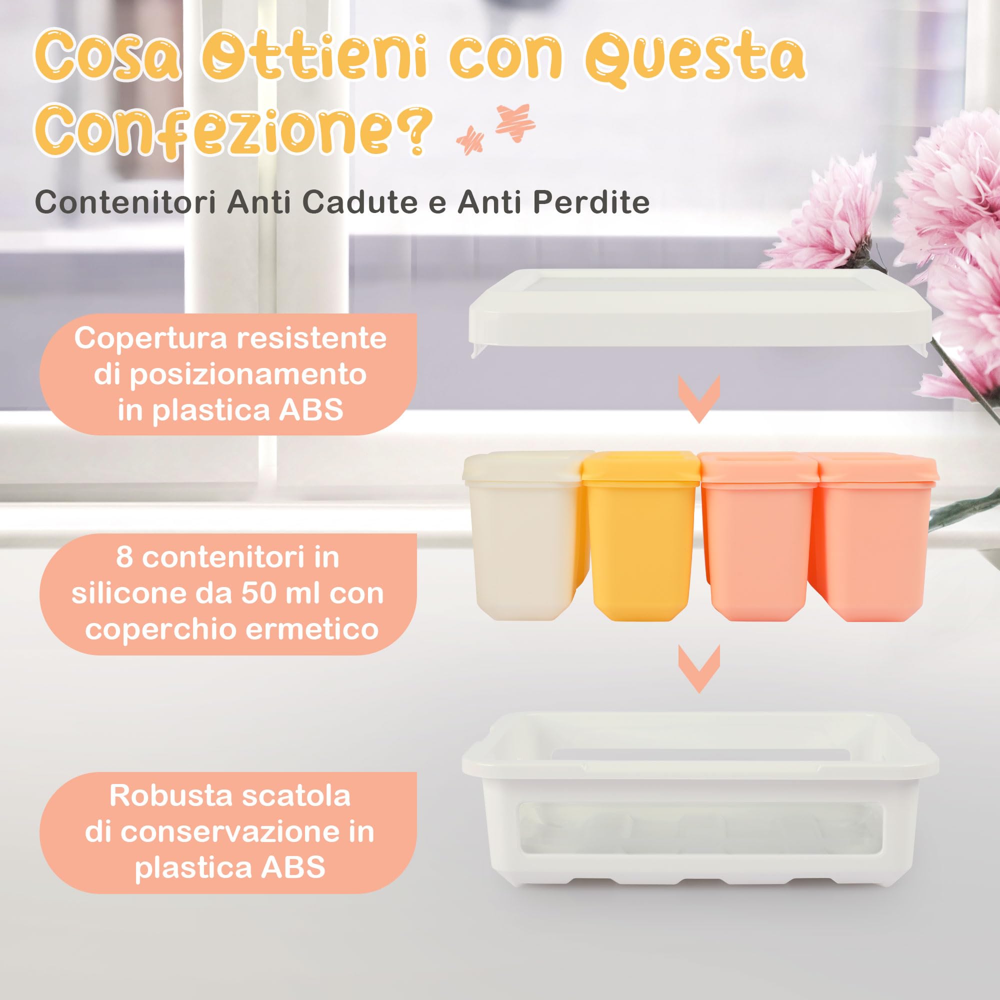 Contenitori da Svezzamento Neonati in Silicone 60ML 8 Pezzi con Coperchi Ermetici Antiperdite Freezer
