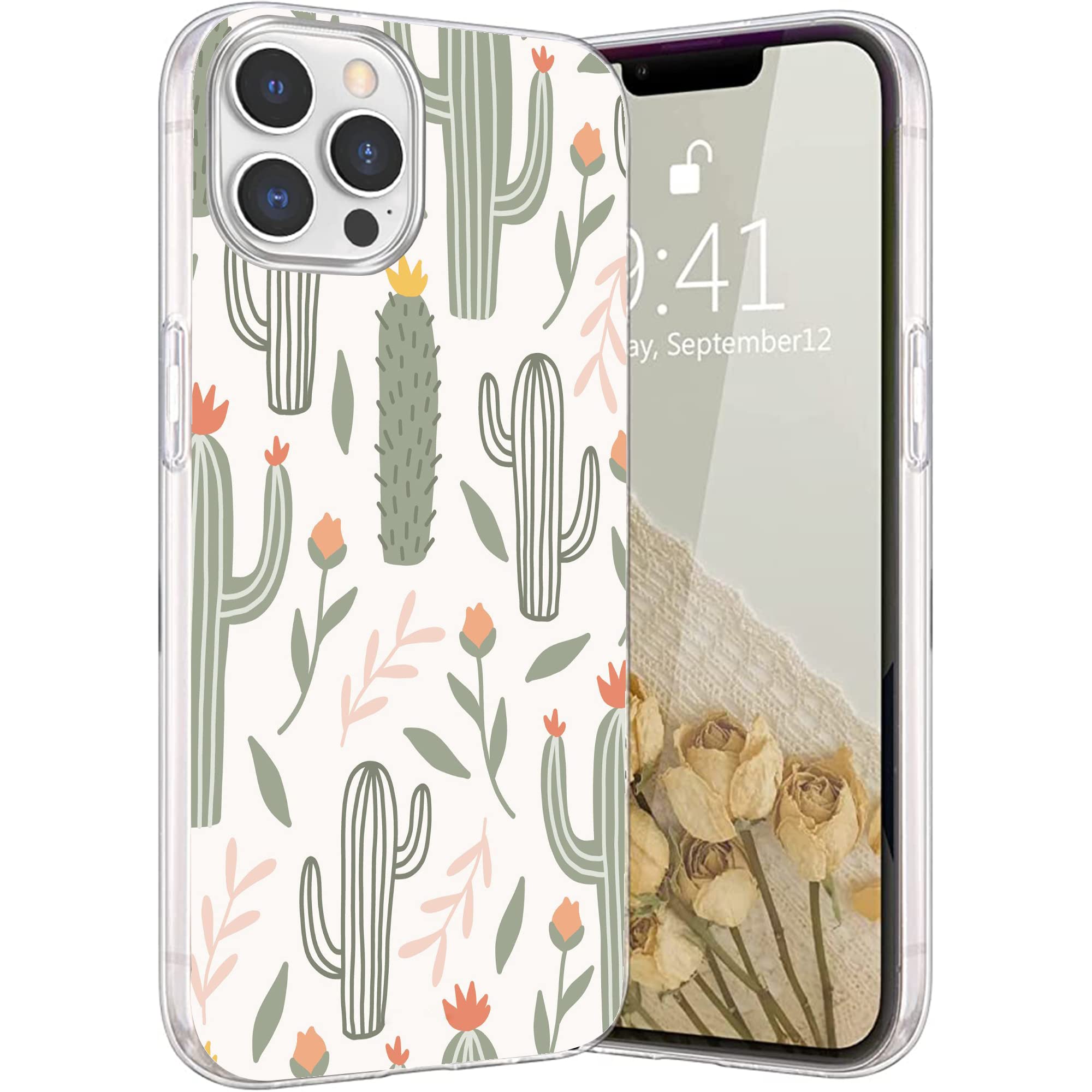 OUYAGAOYUAN Compatible with iPhone 12 Pro Max - Beautiful Flowers Cactus Printed Shockproof Protective Case for Women Girls - Unique Design TPU Cover