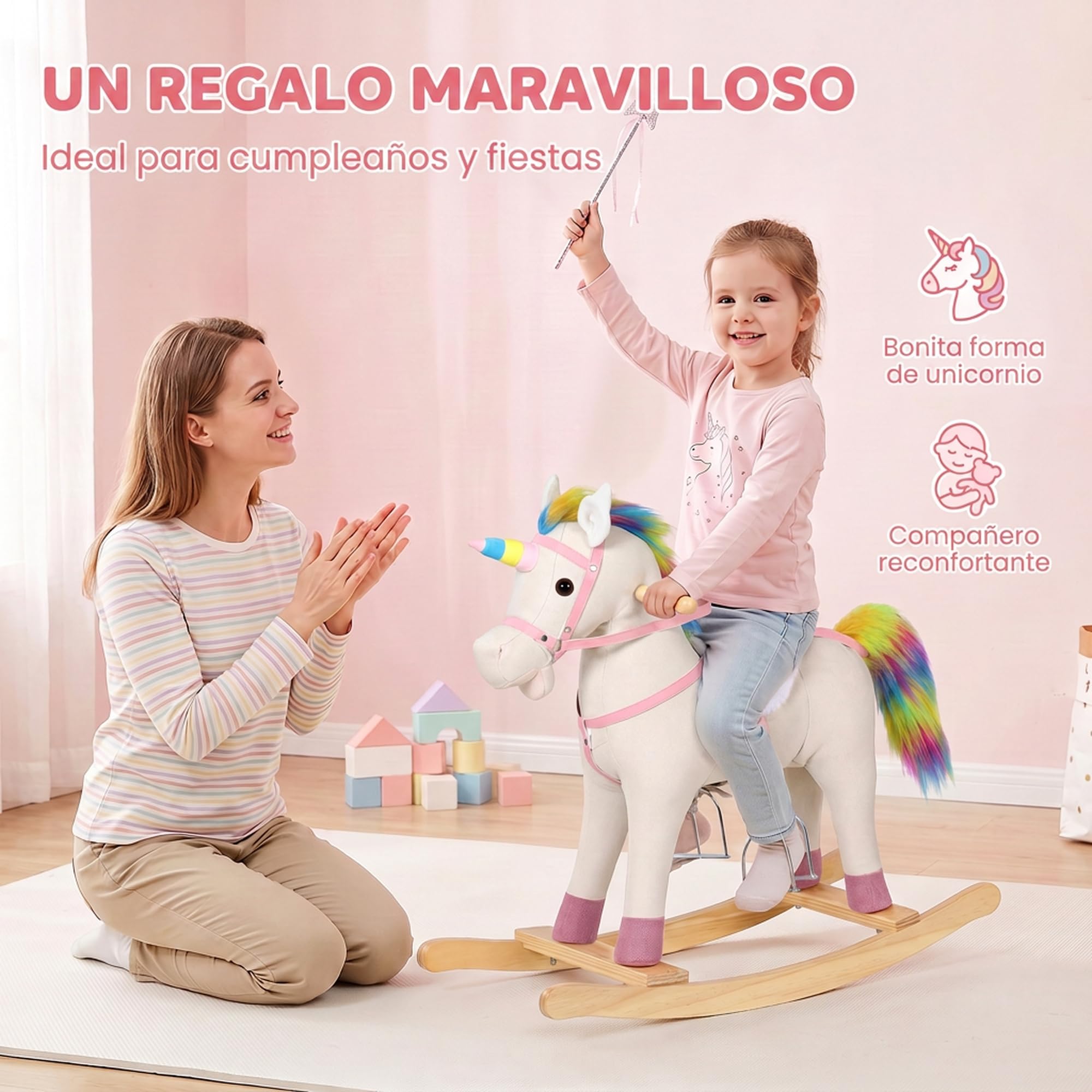 AIYAPLAY Cavallo a dondolo per bambini design unicorno 1-3 anni Crema