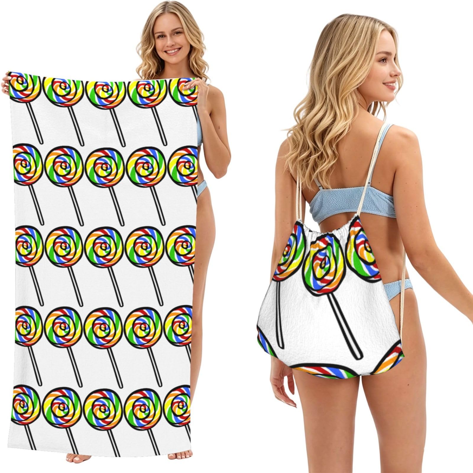 EZDLOWVBA Lollipop Print Beach Towel Backpack 2 In 1 Summer Large Lightweight Beach Towel - Multifunctional Ship Pattern Towel Bag For Storage,Sport