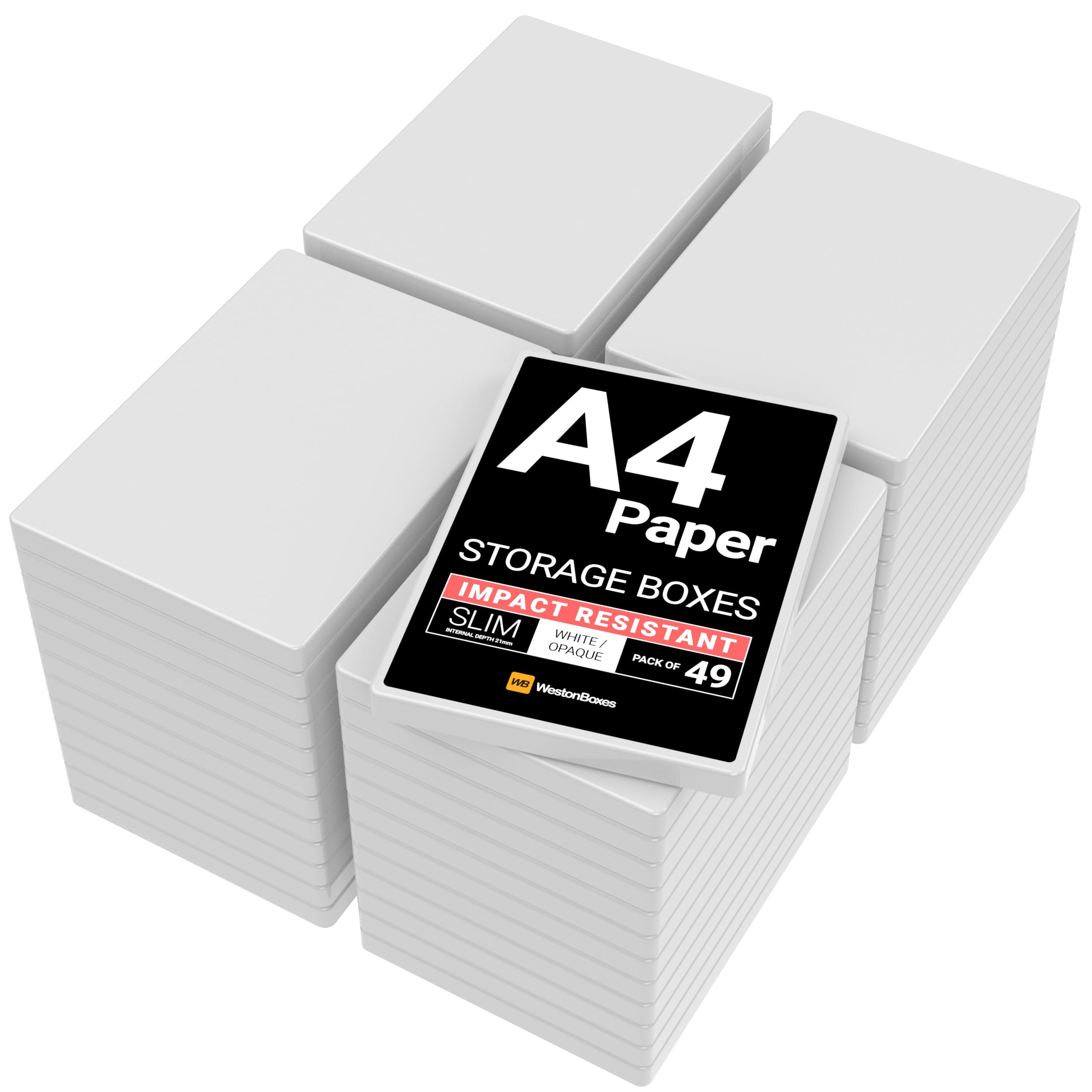 WestonBoxes A4 Slim Plastic Presentation or Storage Boxes with lids for A4 Paper and Card (White, Pack of 49)