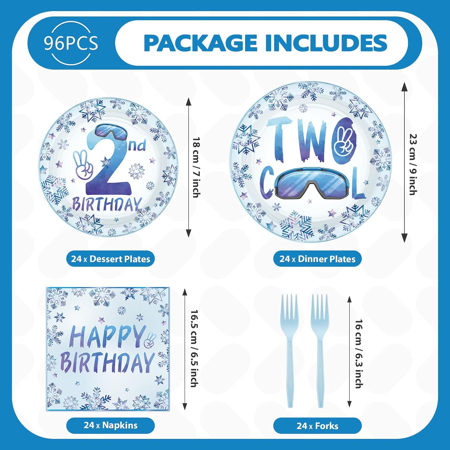 96Pcs Winter 2nd Birthday Decorations Two Cool Plates and Napkins Snowflake Ski Theme Birthday Decoration Favors for Kids Boy Winter Wonderland Frozen Theme Two Years Old Bday Party Supplies Serves 24