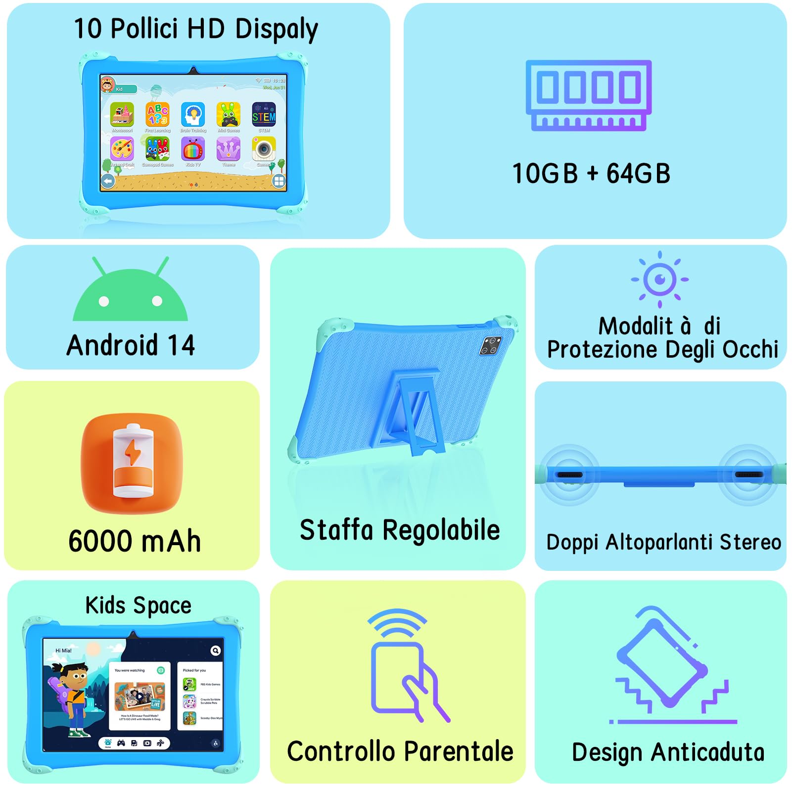 EagleSoar Tablet per Bambini da 10 Pollici, 10GB RAM + 64GB ROM Processore Octa-Core, Tablet Android14 per Bambini 3 a 12 anni, Software Didattico per Bambini Preinstallato e Controllo Genitori(Blu)