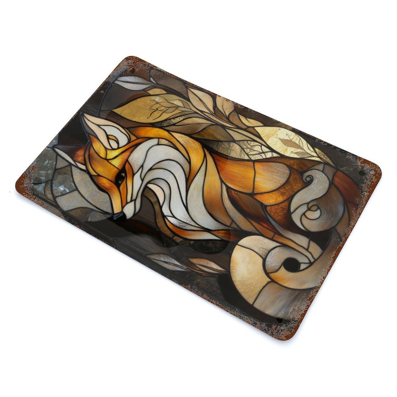 Rust Effect Stained Glass Fox Retro Metal Sign 11.8"x7.9", Farmhouse Wall Decor for Living Room, Hallway And Home Decor