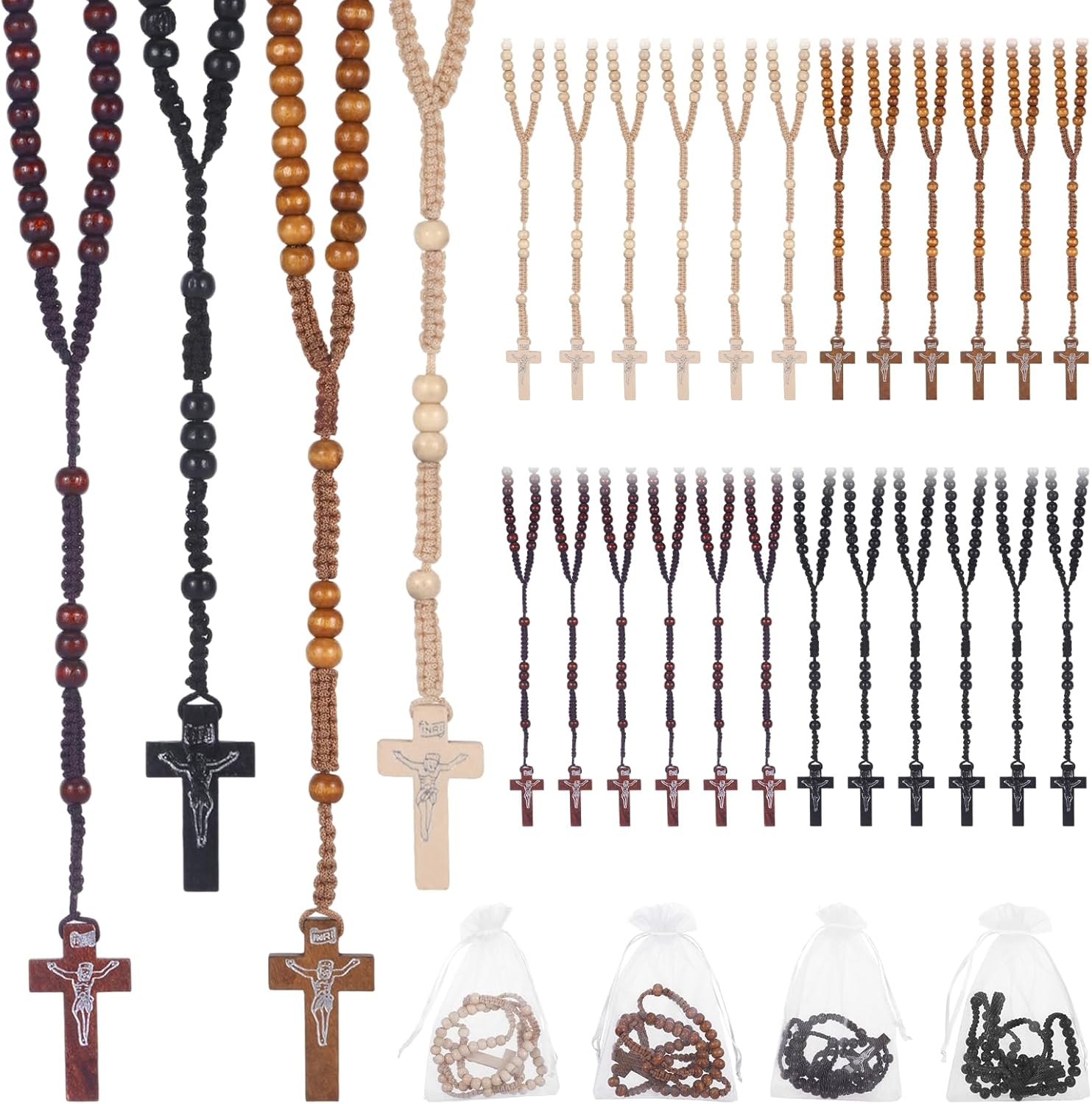 Wooden Rosary Beads Bulk,Wood Rosarios Catolicos with Jesus Holy Cross,First Communion Rosary Bulk Wooden Rosaries in Bulk With Organza Bags Rosary Catholic Baptism Church Present for Men Women