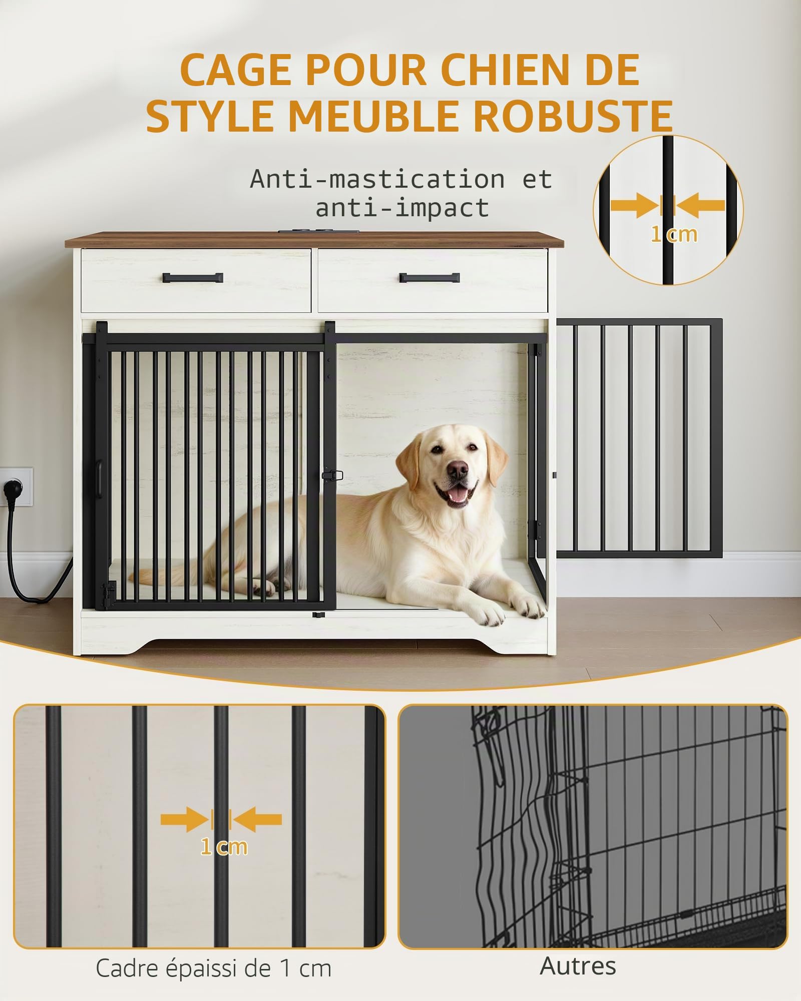 Cage pour Chien Meuble avec Prise, Table d'appoint pour Moyens/Grands Chiens, 97 x 56 x 81 cm, Blanc et Marron