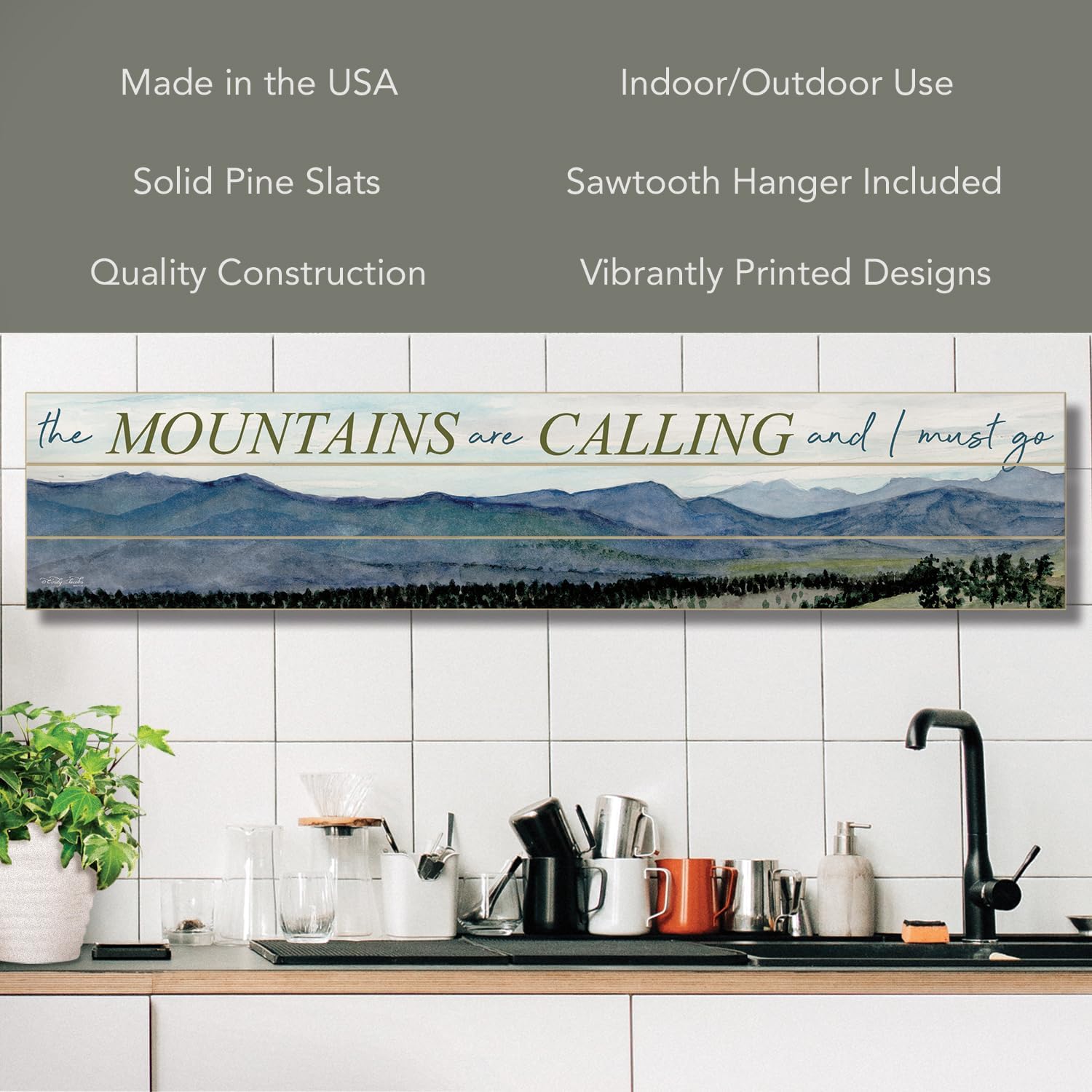 Mountains Calling Horizontal Porch or Entryway Sign 36" by 7.5" Made in the USA of Pallet Wood Stylish & Welcoming