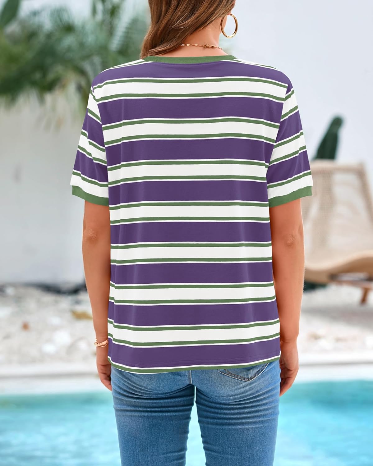 BTFBM Summer Tops for Women 2026 Crewneck Short Sleeve Striped T Shirts Casual Spring Clothes Color Block Basic Tee Blouses - Image 3