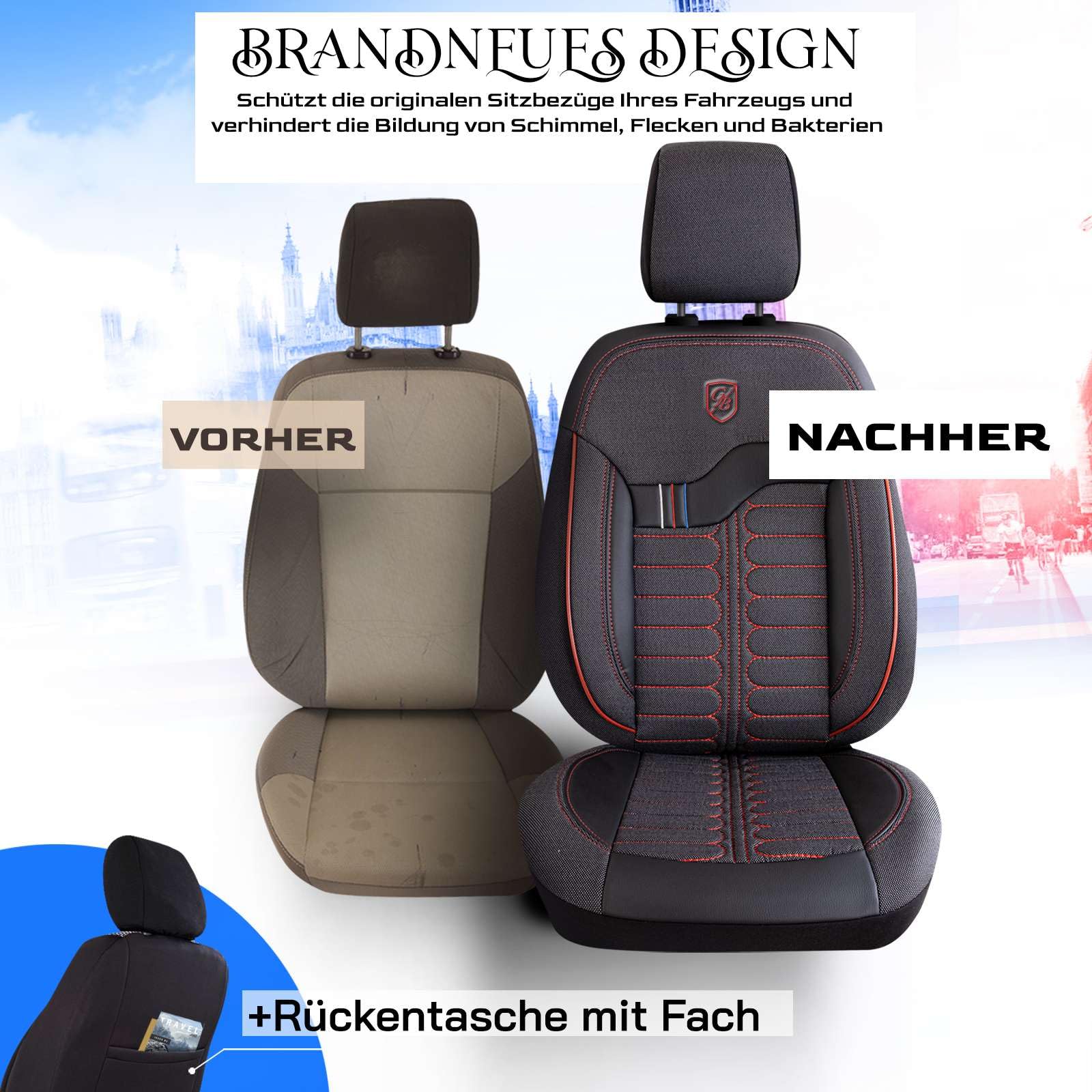Autositzbezüge Universal – Premium Autozubehör Innenraum für PKW & SUV – Jacquard Sitzauflage, Autoschonbezug Auto, Airbag-kompatibel, Schwarz-Rot, Vordersitz-Set inkl. Montageset