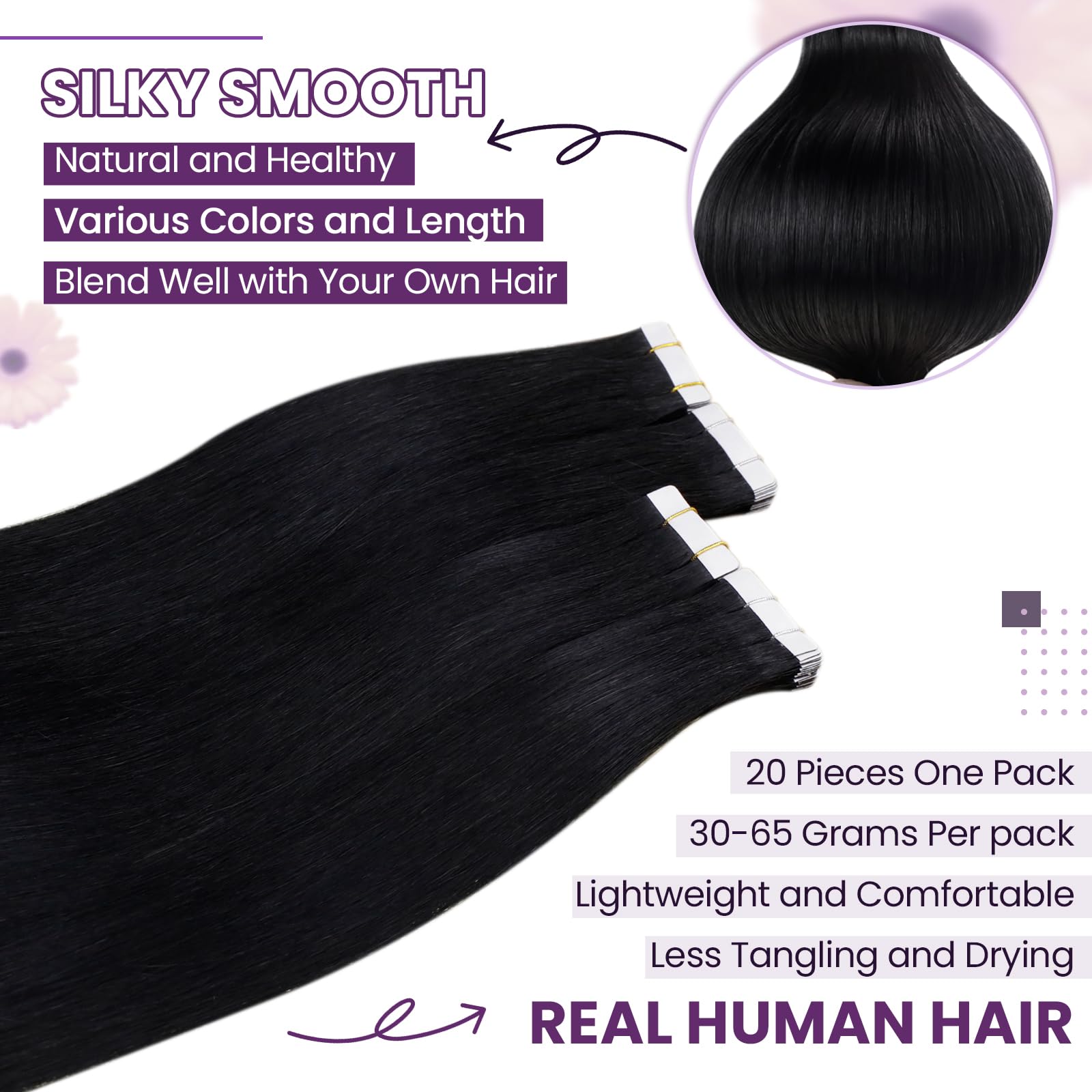 LaaVoo Black Tape in Hair Extensions Human Hair Tape Hair Extensions Real Human Hair Invisible Tapes Remy Straight Nautral Black Hair Double Sided Tabs 20pcs 30g 12 Inch #1 - Image 2