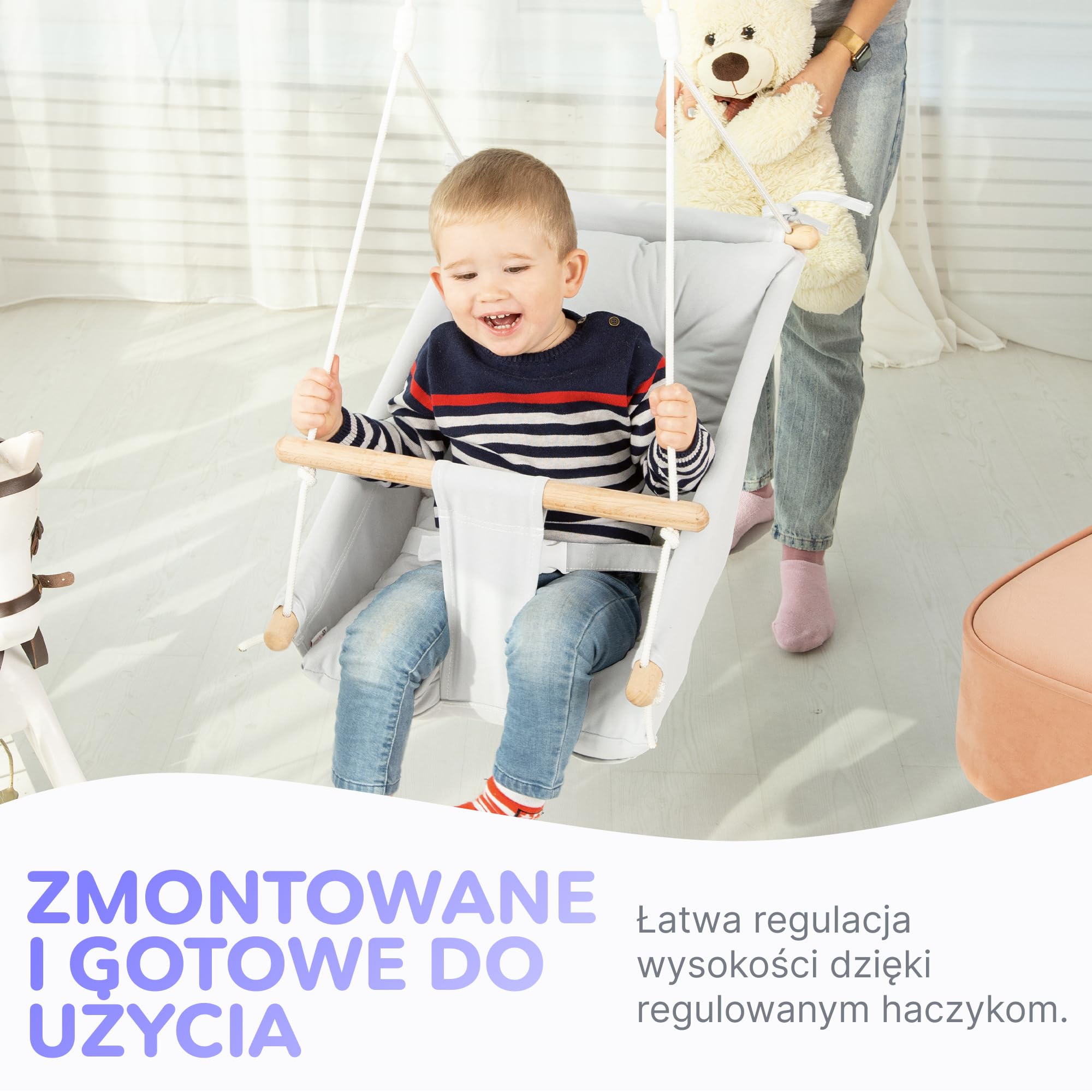 CaTeam Płócienna huśtawka dla malucha – wiszące krzesło do użytku wewnątrz i na zewnątrz do patio i pokoju zabaw z pasem bezpieczeństwa – drewniane siedzisko dla niemowląt dla dzieci w wieku od 12