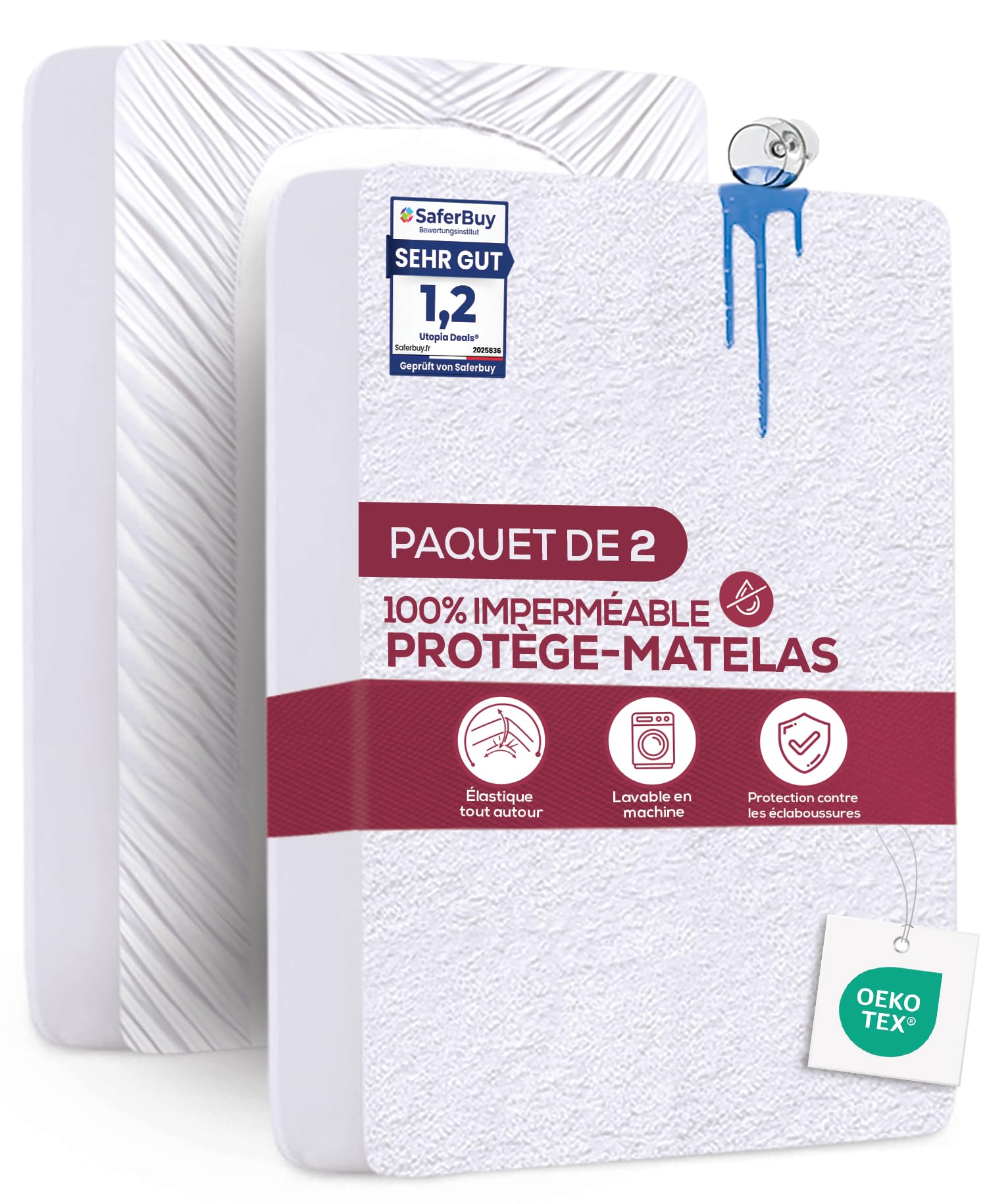 Utopia Bedding Mattress Protector 160 x 200 x 30 cm (Pack of 2) Waterproof, Oeko TEX Certified, Fitted Sheet, Mattress Cover, Breathable, Elastic All Around White