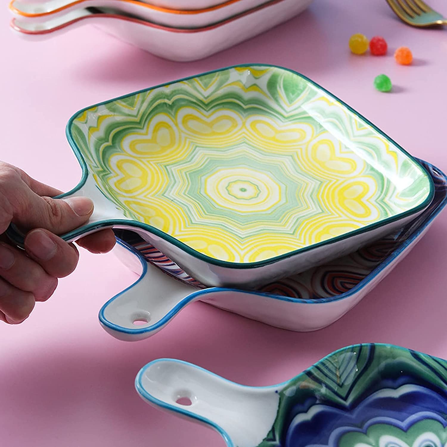 YXSH Bandeja De Fuente para Horno Pequeña Cerámica Casserole Plato para Hornear Platos para Horno Cerámica para Hornear Pan Lasaña Casserole Pan Individual Bakeware-Blue-Green
