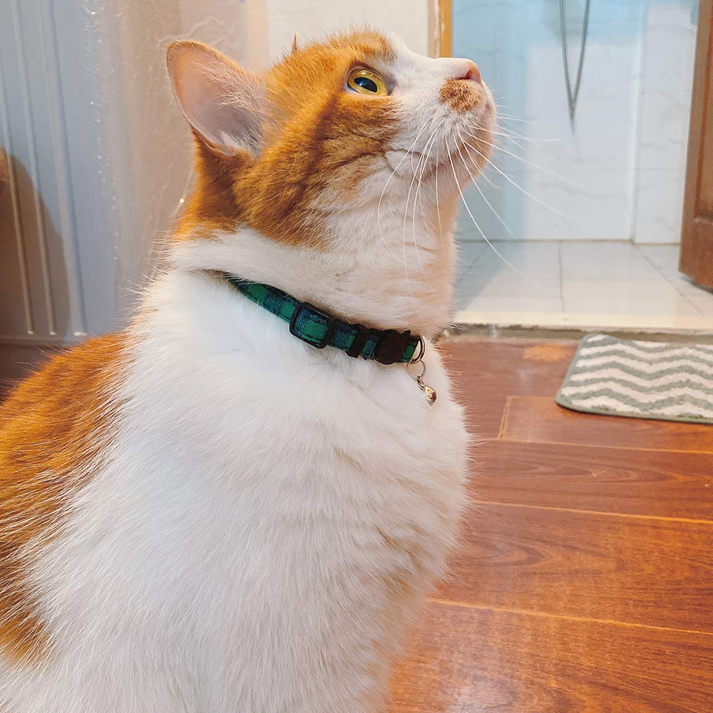 Collar de gato con campana, bonito diseño de patrones a cuadros, collares de seguridad ajustables para gatitos, paquete de 2 collares para mascotas para gatos (7-11 pulgadas, negro y azul)