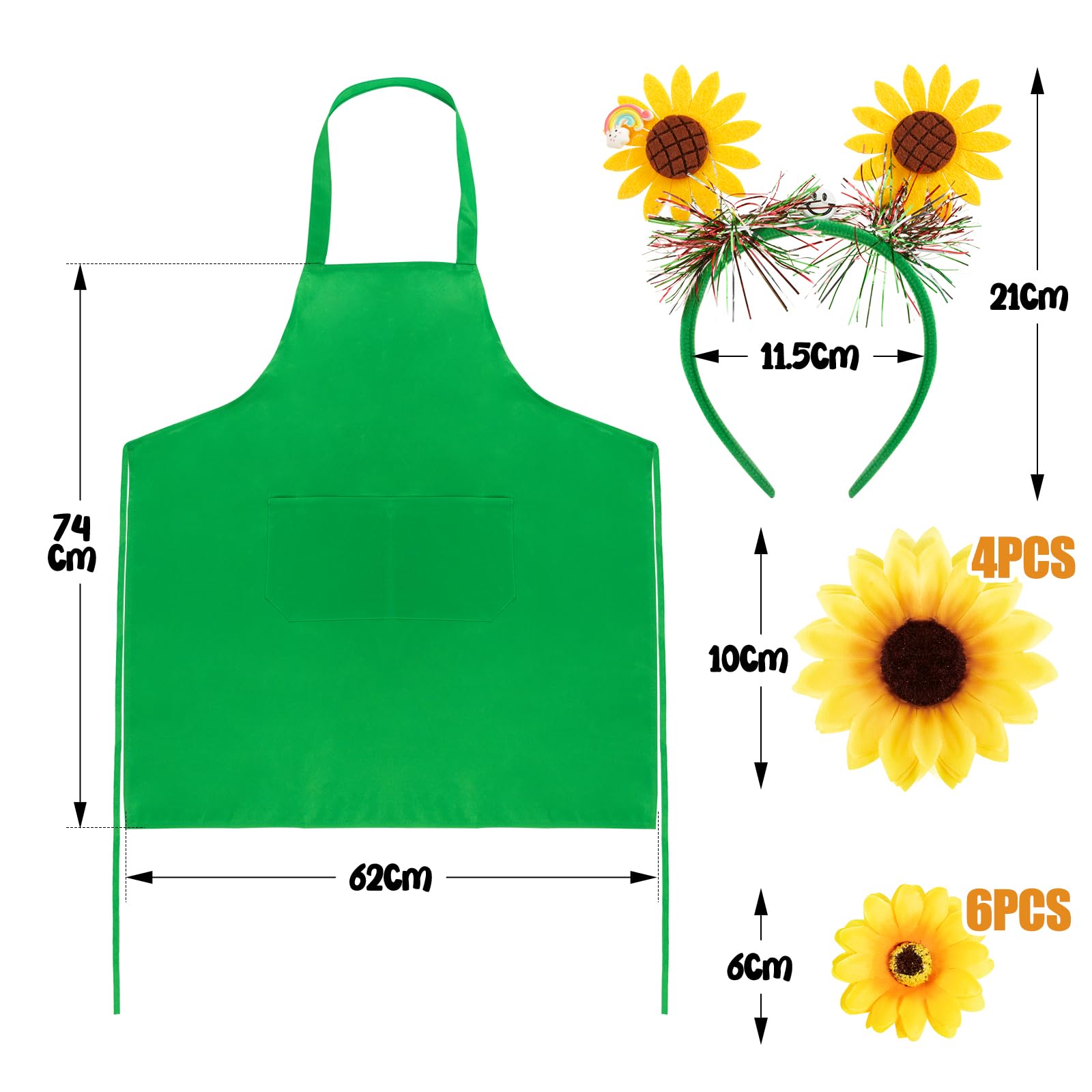 Juegos 3pcs Disfraz Jardinera Mujer, Delantal Verde Mujer con Girasol, Clips de Flor de Girasol, Diadema de Girasol Verde Fiesta Carnaval San Patricio Cosplay Regalo Jardinera, Delantal+Diadema+Clips