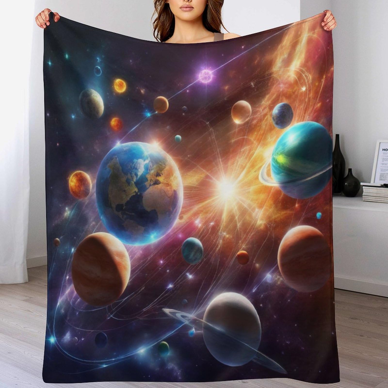 Couverture planète spatiale en polaire flannel 150x200cm pour lit et canapé