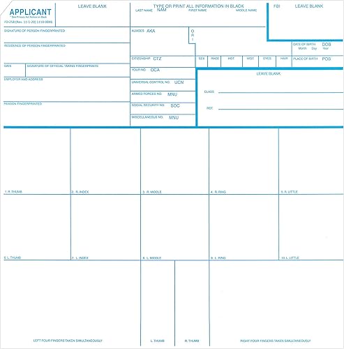 Tarjetas de huellas dactilares solicitante FD-258 paquete de 50 Tarjetas de huellas dactilares solicitante FD-258 paquete de 50