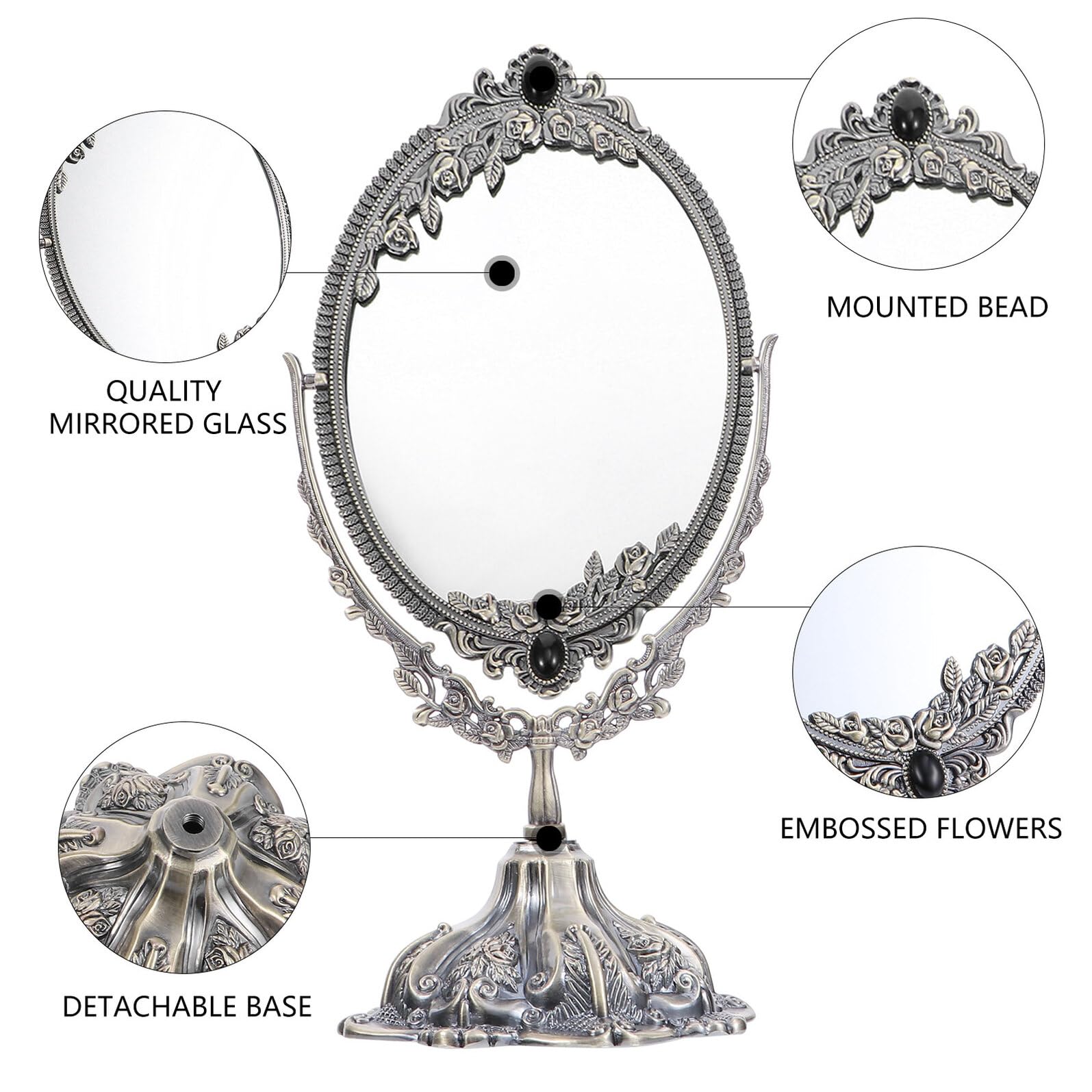 Cabilock Espejo Retro de Sobremesa Giratorio de Metal con Soporte, Espejo de Maquillaje Antiguo de Alta Definición para Obsequio y Uso Interior