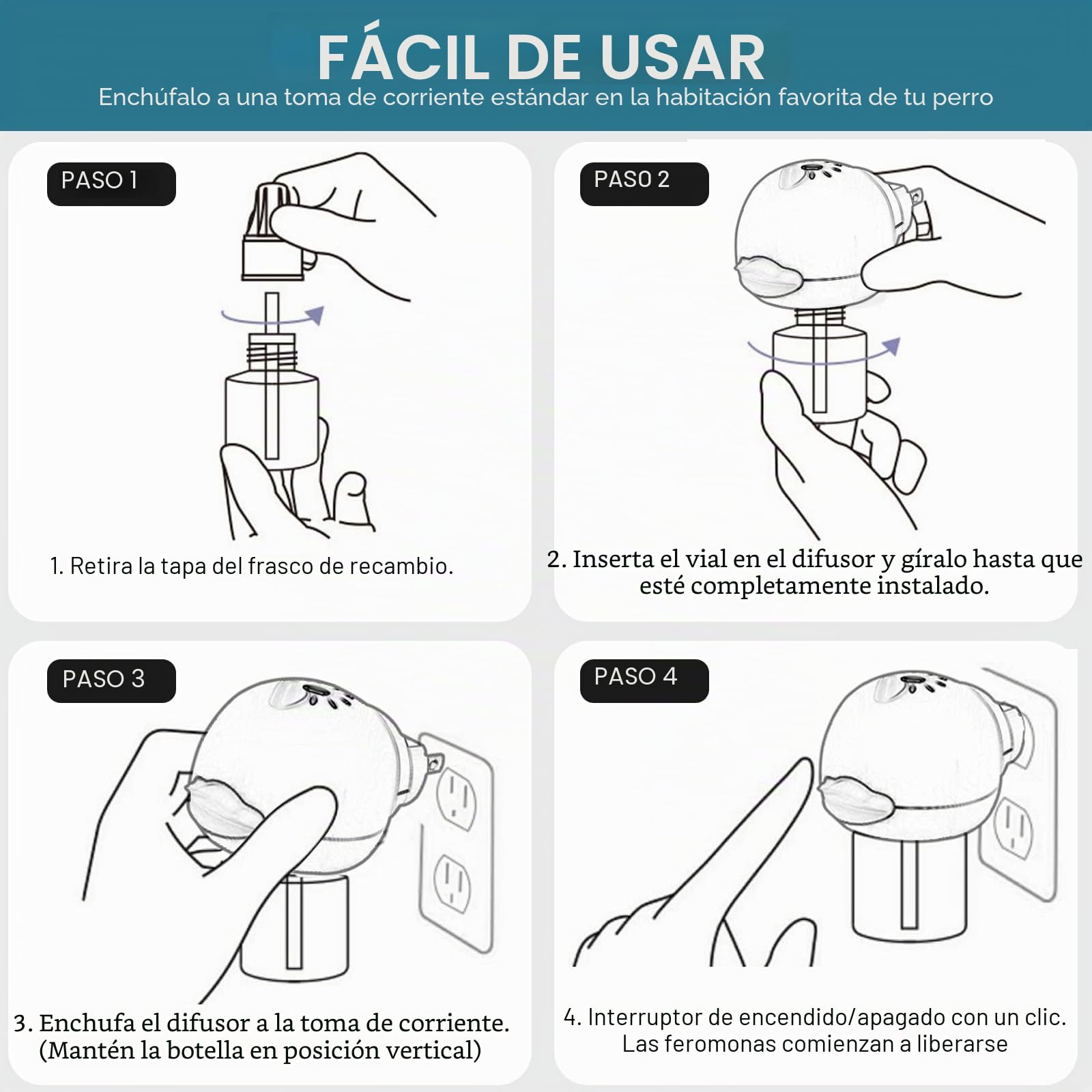 JJW Kit Difusor de Feromonas Calmantes para Perros - 1 Difusor + 4 Recargas de 48ml | Reduce Ansiedad, Estrés y Miedo | Efecto Calmante para Tormentas, Viajes y Entornos Nuevos (Azul, M)