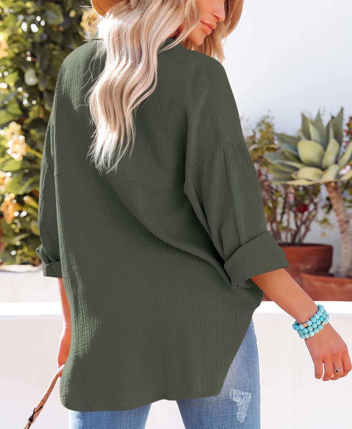 AISEW Womens Button Down Shirts Casual V Neck Long Sleeve Loose Fit Collared Plain Blouses Tops with Pocket - Image 2