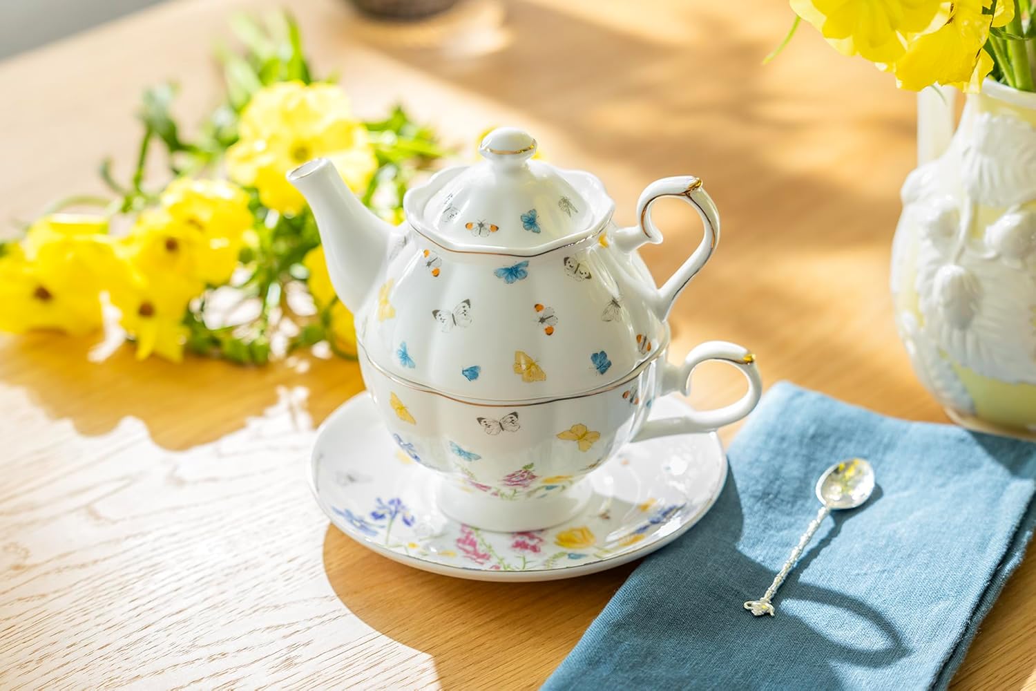 Butterfly Garden Fine Porcelain Tea For One Set, Spring Butterflies Tea Set For One, Flower Garden Iris Tulip, Spring Tea Set Gift