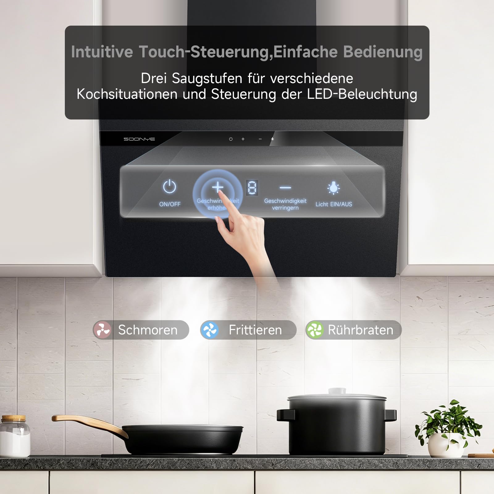 A+++ Dunstabzugshaube 60cm Umluft Kopffrei Schräghaube 380 m³/h Gestensteuerung Touchscreen Abluft Wandmontage Schwarz Mattglas