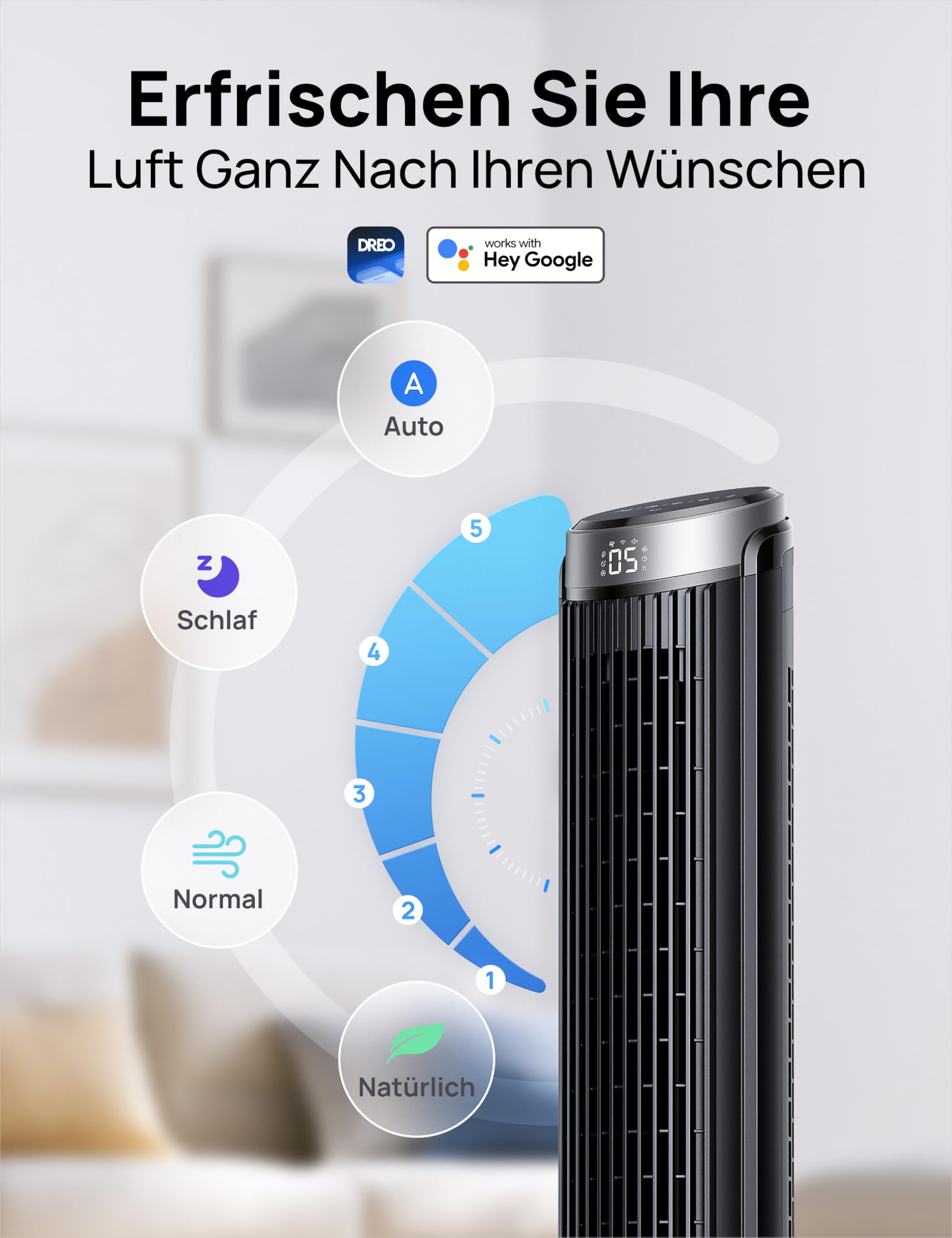 DREO Smart Turmventilator, 90° Oszillierend Standventilator, 7.9 m/s, 5 Stufen, 4 Modi, Touch/Fernbedienung/App, Alexa, 12H Timer, Silber