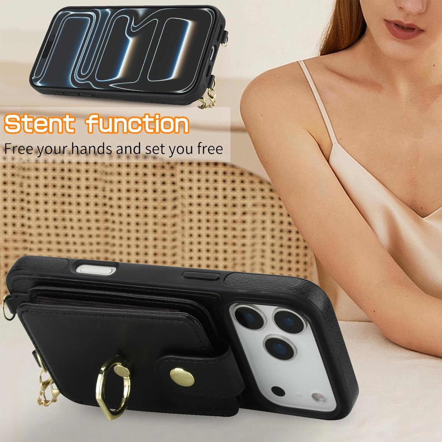 Asuwish Phone Case for iPhone 17 Pro Max Wallet Cover Screen Protector Ring Kickstand Crossbody Lanyard Strap Compatible with MagSafe RFID Blocking i Phone17 17Pro i17 ProMax 17ProMax for Women Black