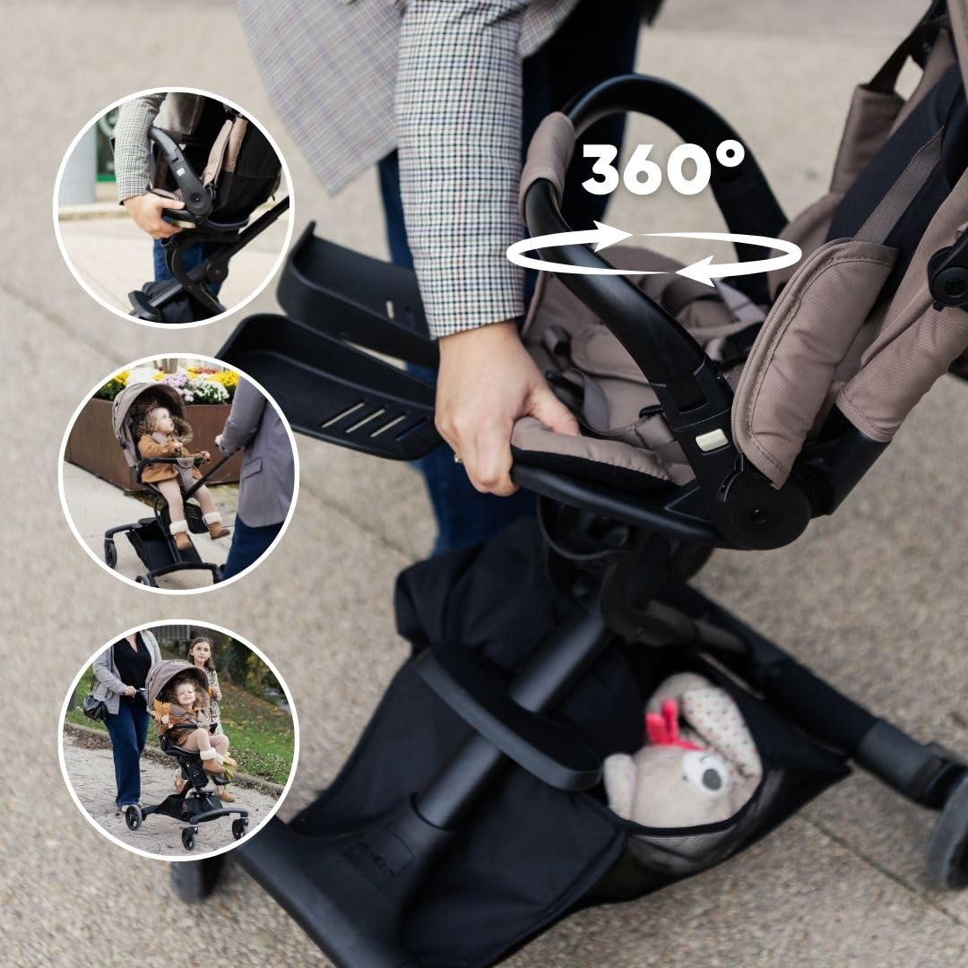 Poussette BÉABA x Micro Mobility Baby Cruiser, Dès la Naissance, Assise Rotative 360°, 7 Positions 3 Inclinaisons Pliage Une Main, Chaise Haute, Roues LED, Harnais 5 Points, Canopy XXL UPF 50+, Pralin