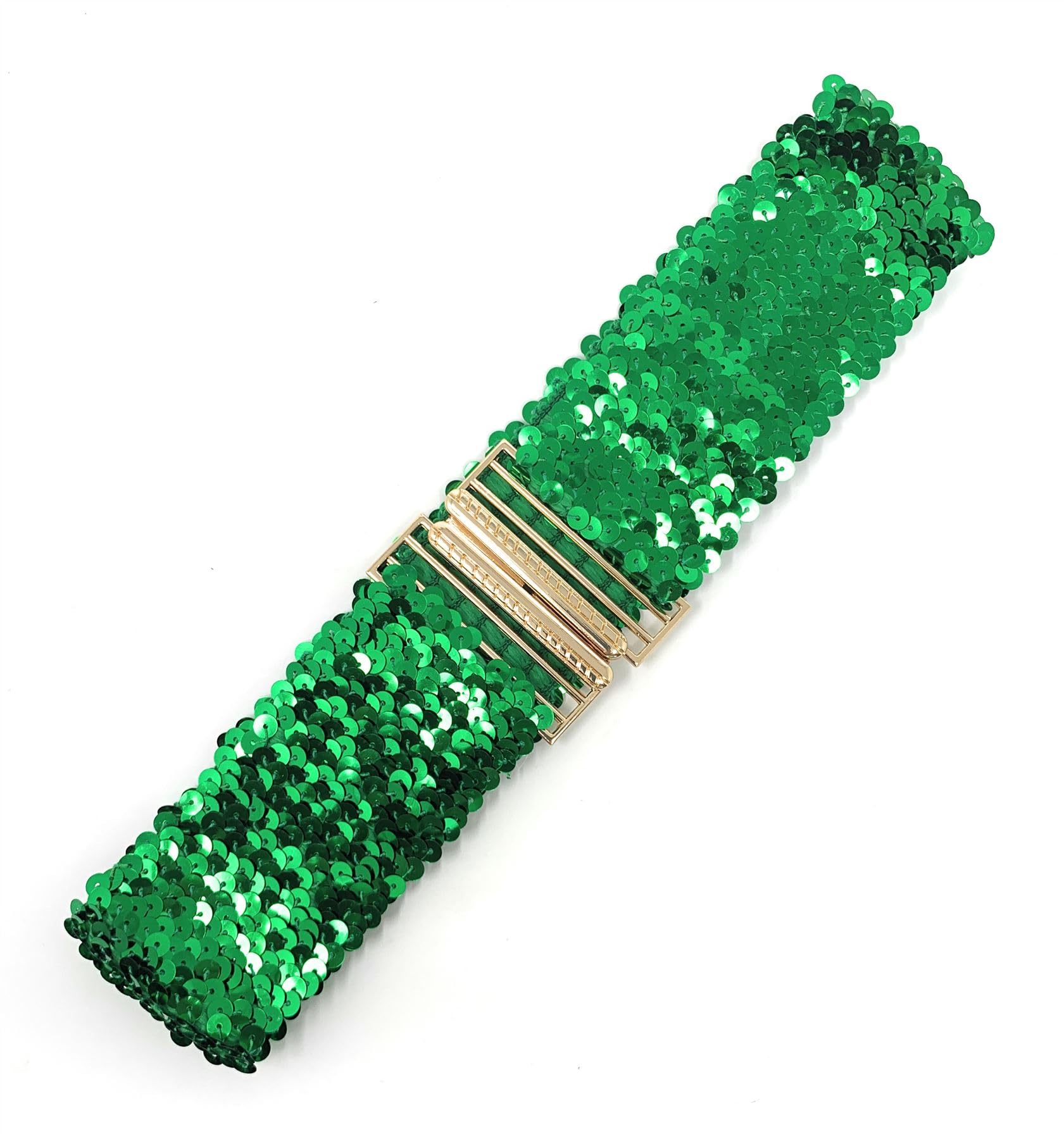 Cadoline Women's Green Sparkle Belts For Dresses With Elastic Stretch And Gold Buckle Waist Band Corset