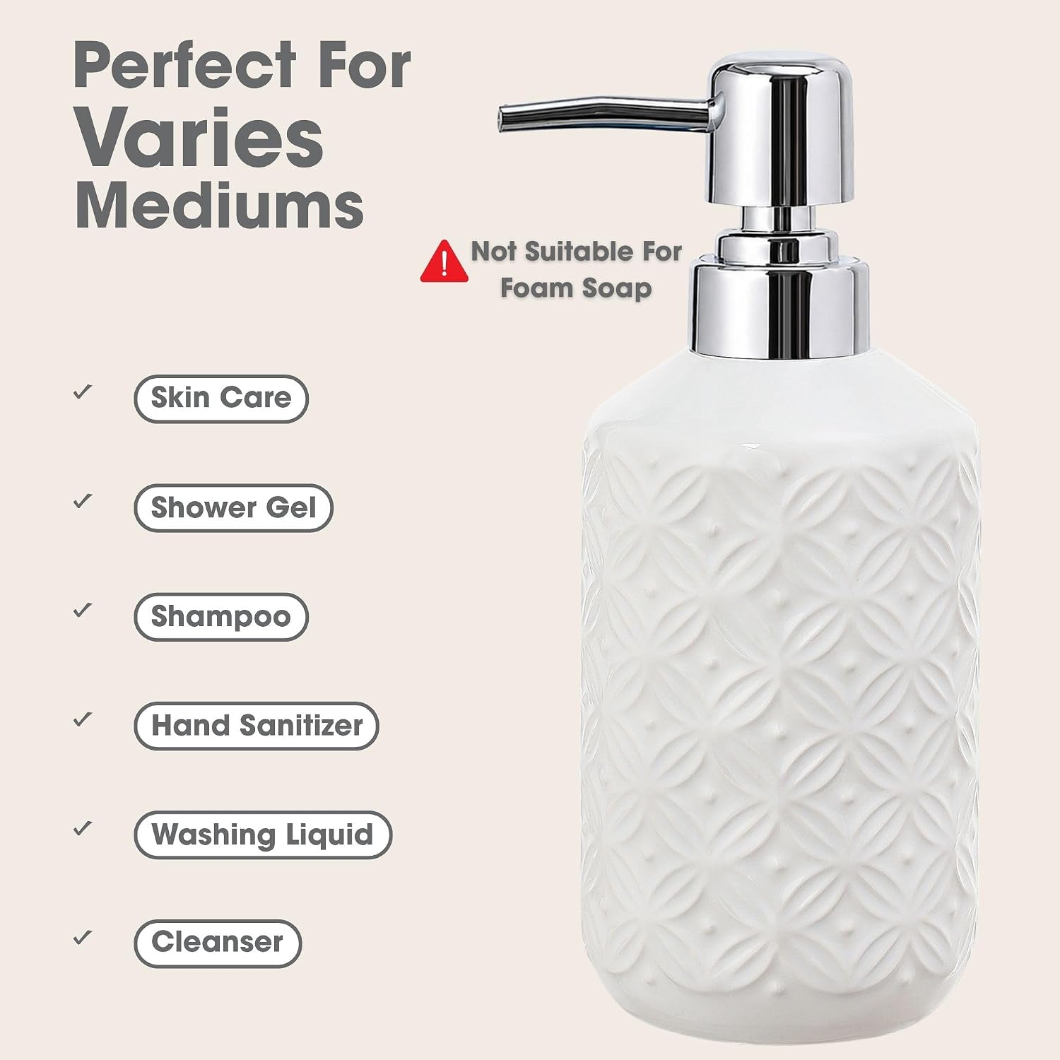 FE Soap Dispenser, 13.5oz Soap Dispenser Bathroom, Ceramic Hand Soap Dispenser with Vintage Emboss Design for Kitchen & Bathroom (White)