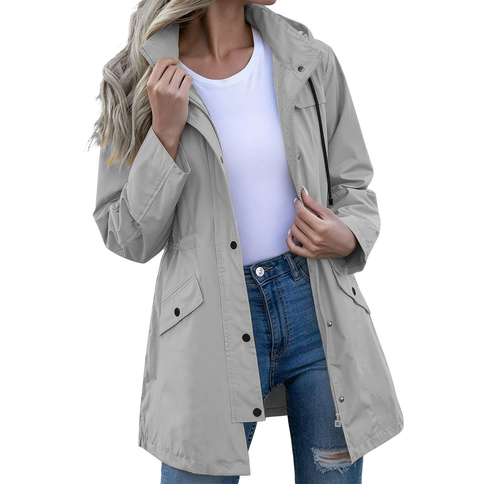 Regenjacke Damen Lang Wasserdichte Atmungsaktive Kapuzenjacke Outdoor Windjacke Knopf Reißverschluss 2 in 1 Wanderjacke Herbst Jacke Übergangsjacke Moderne Freizeitjacke Einfarbige Mantel mit Kapuzen