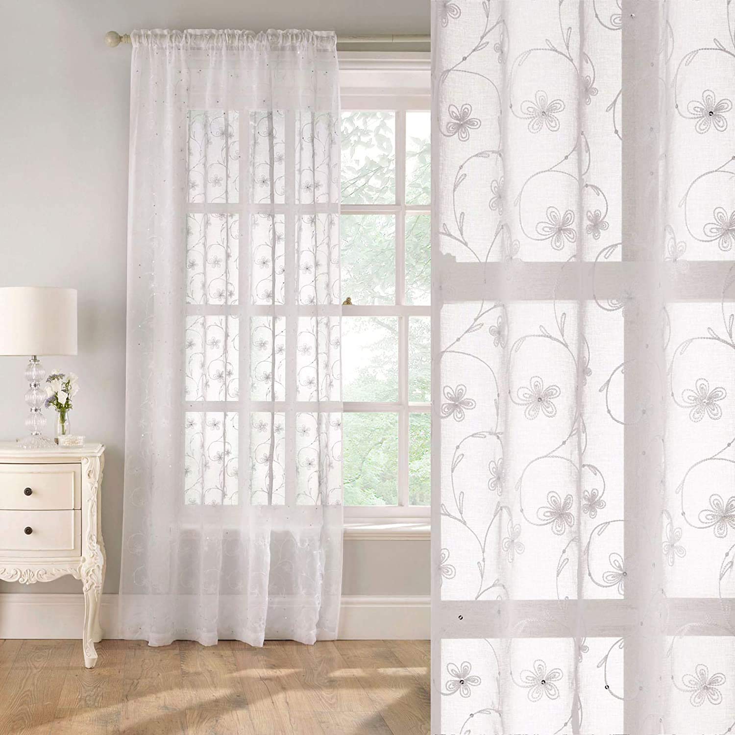 Maple Textiles WHITE EMBROIDERED SILVER SEQUIN SPARKLE Floral Design Linen Look Voile Net Curtain Panel Slot Top Heading 55" x 72"