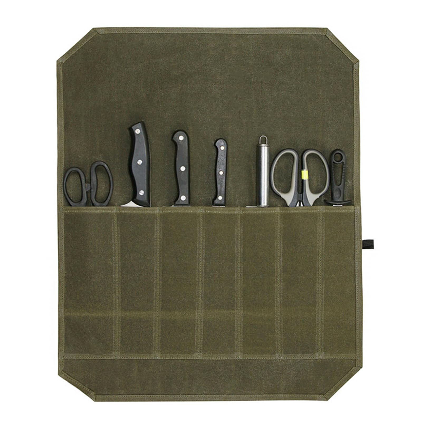 kaiyaya Borsa Coltelli Chef, Borsa per Coltelli 56.5 X 45.5 cm borsa Porta Coltelli da Chef Arrotolabile in Tela Cerata con 7 Scomparti Coltelli e Cucchiai Contenitore, per Campeggio Pesca Caccia