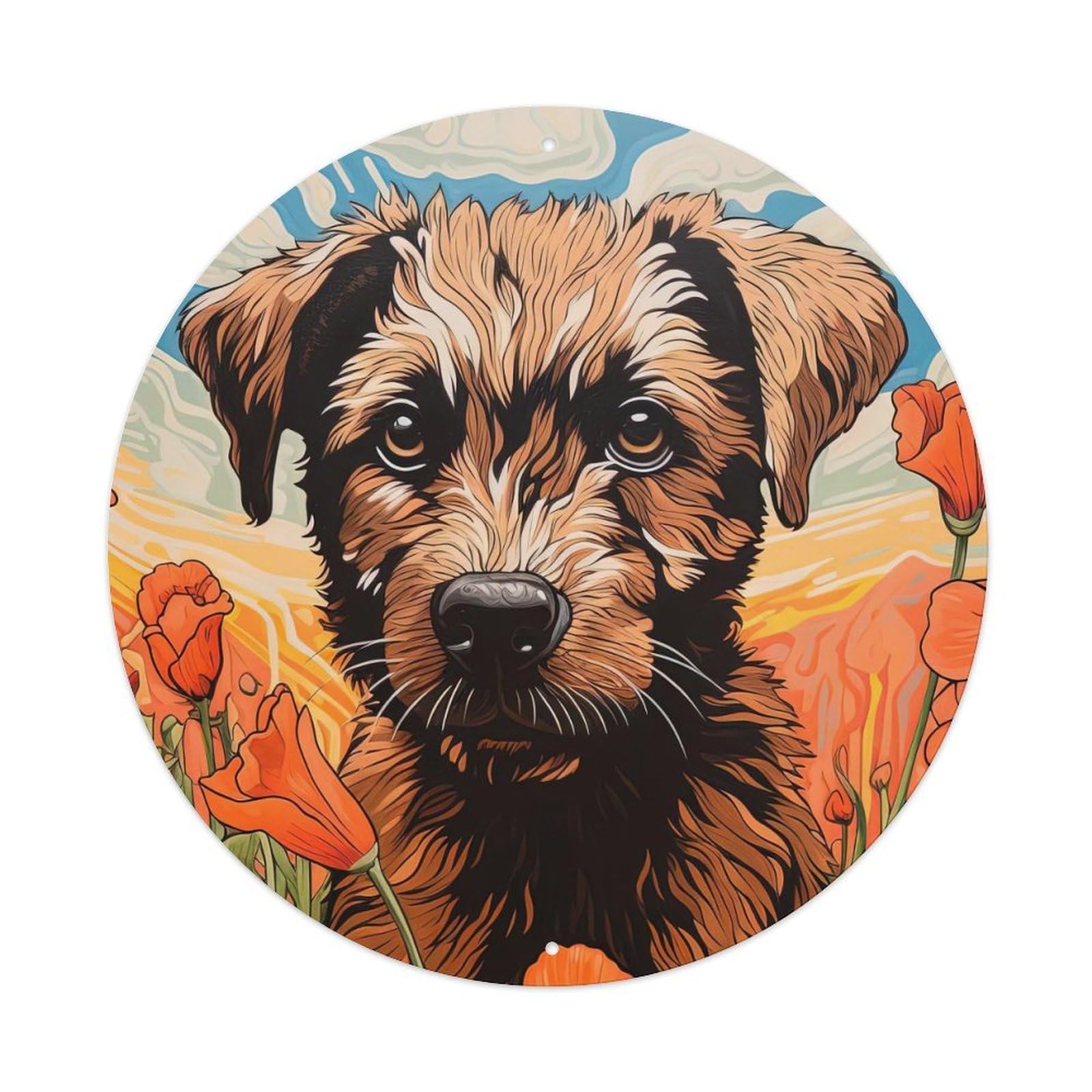 Animal Art Puppy Pups in The Flowers Metal Tin Sign