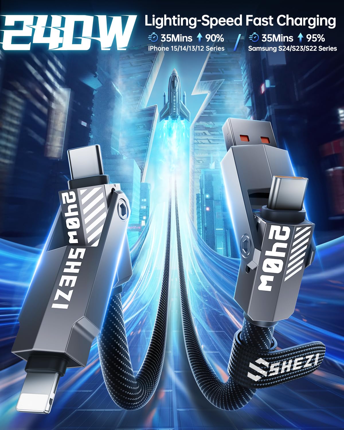 SHEZI Cavo Lightning USB C da 240 W, 4 in 1 in nylon intrecciato per ricarica rapida iPhone iPad [sincronizzazione dati 480 Mbps), cavo di ricarica multi per iPhone 16/Pro/Plus/Pro Max, grigio