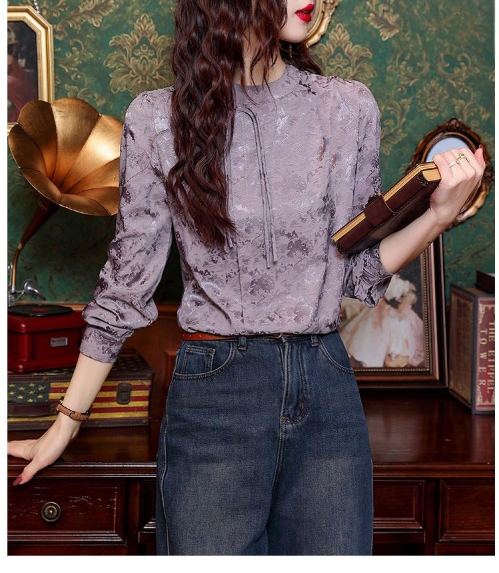Camisa De Estilo Chino Qipao De Manga Larga De Seda Satinada para Mujer,Borlas con Hebilla Y Cuello Levantado De Brocado Verde Retro Blusas Tipo Jersey Elegante Camiseta Tradicional Tops